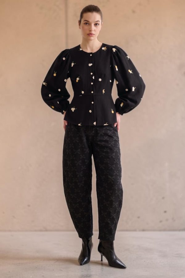 Sutton Bow Jacquard Barrel Trousers - Black