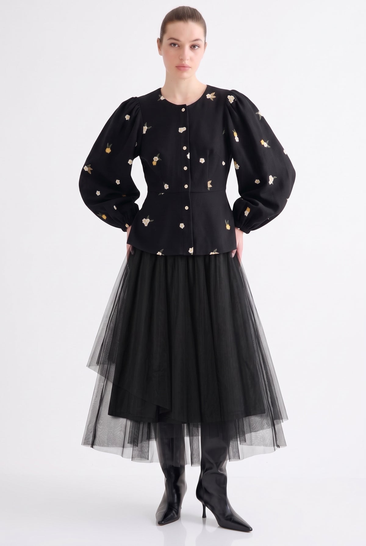 Clementine Daisy Embroidered Tweed Long Sleeve Jacket  – Black
