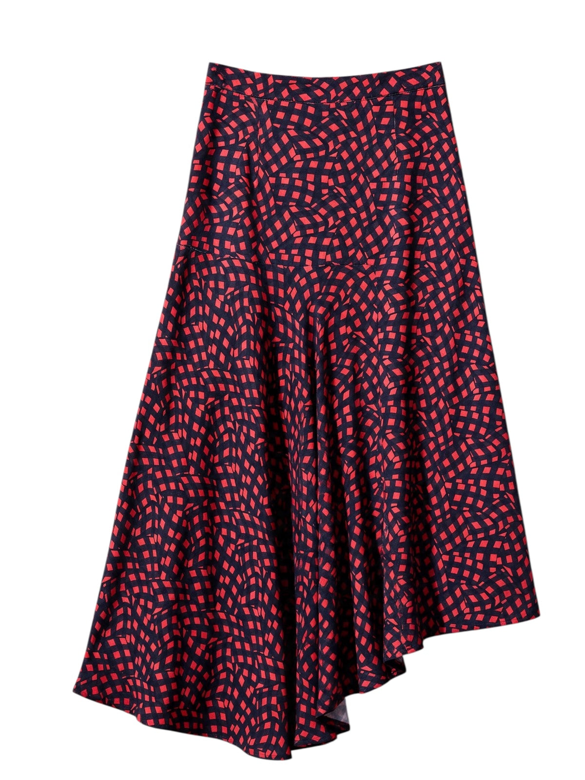 Carolina Gingham Twist Print Asymmetric Midi Skirt