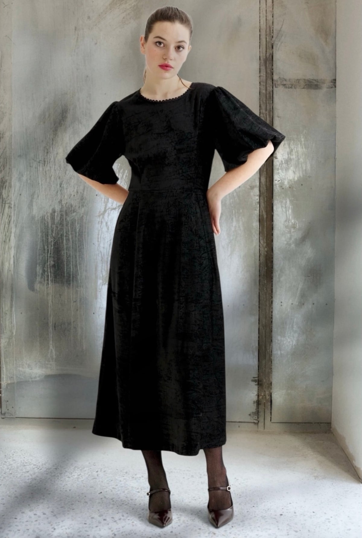 Philo Black Matte Velvet Balloon Sleeve Midaxi Dress