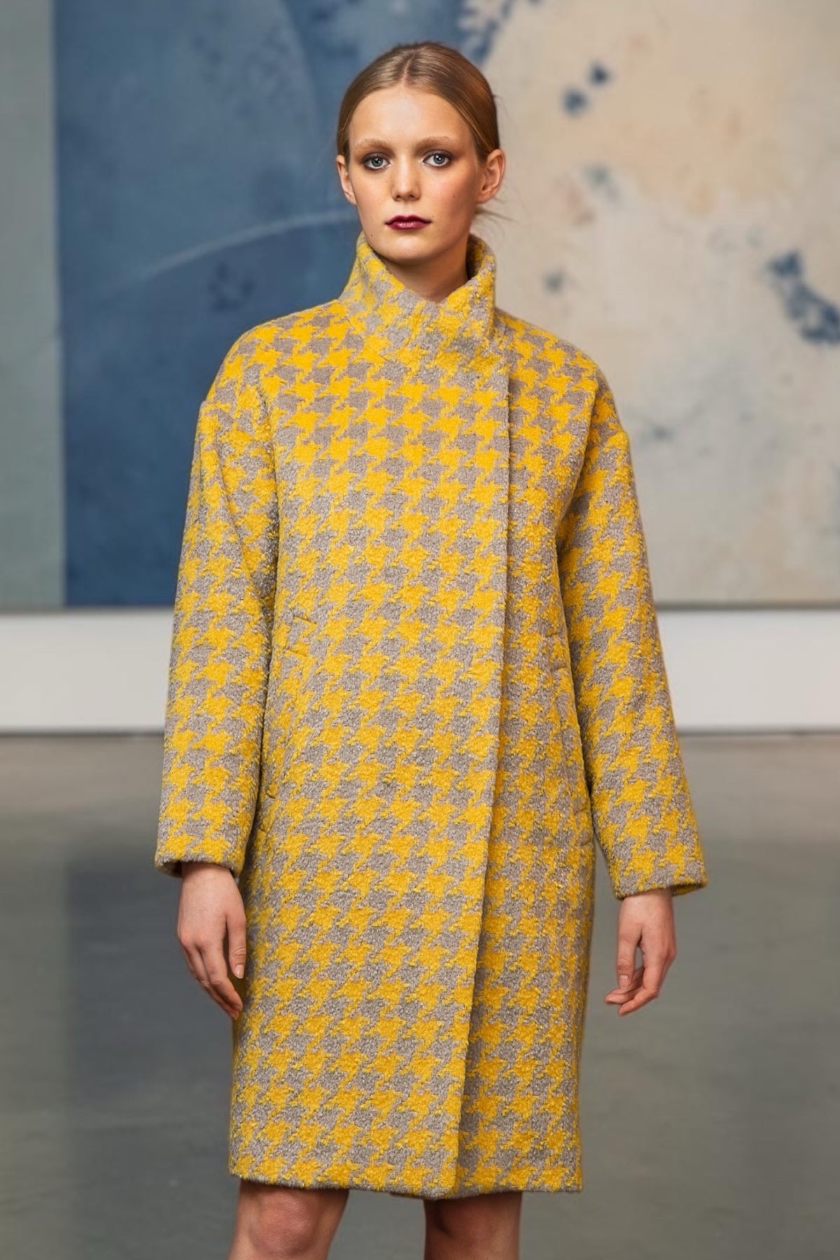 Donalda Houndstooth Cocoon Coat - Mustard