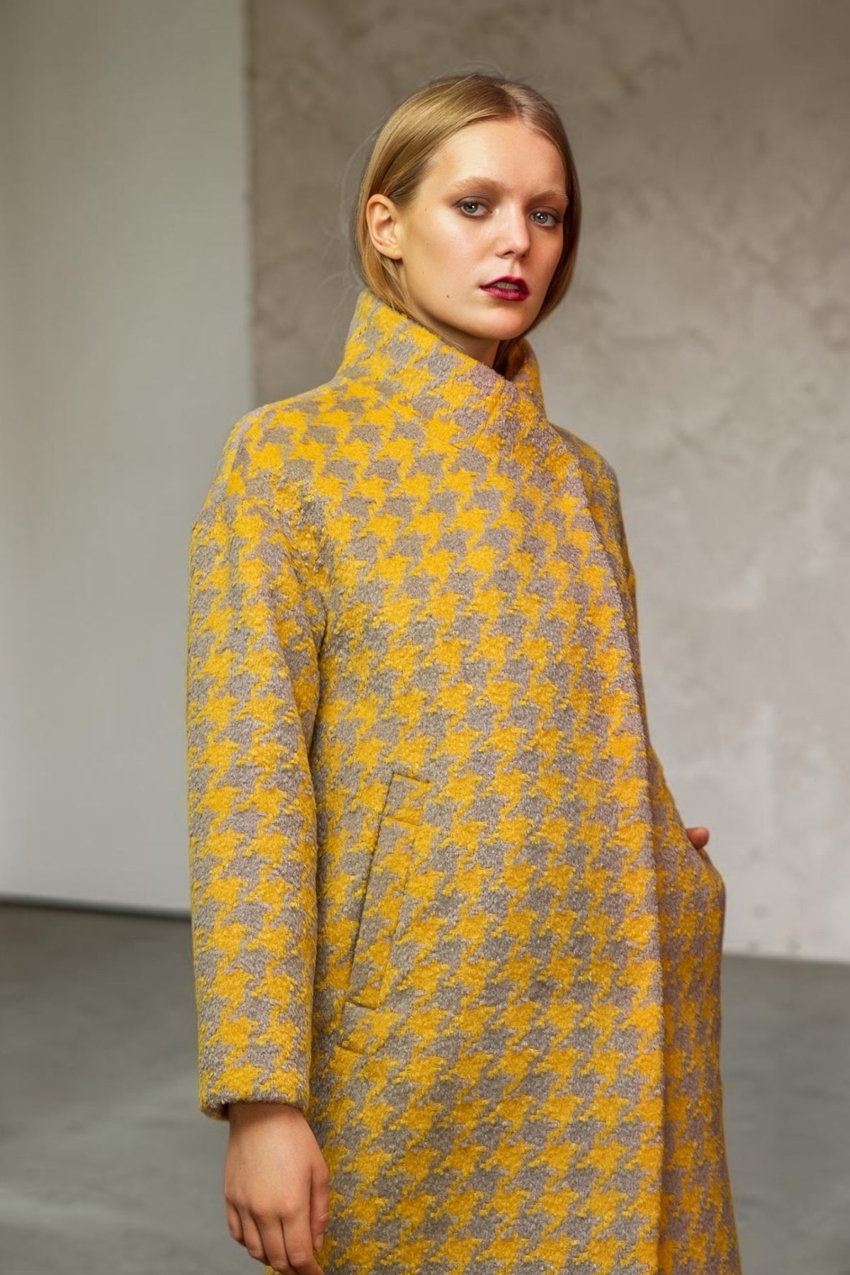 Donalda Houndstooth Cocoon Coat - Mustard