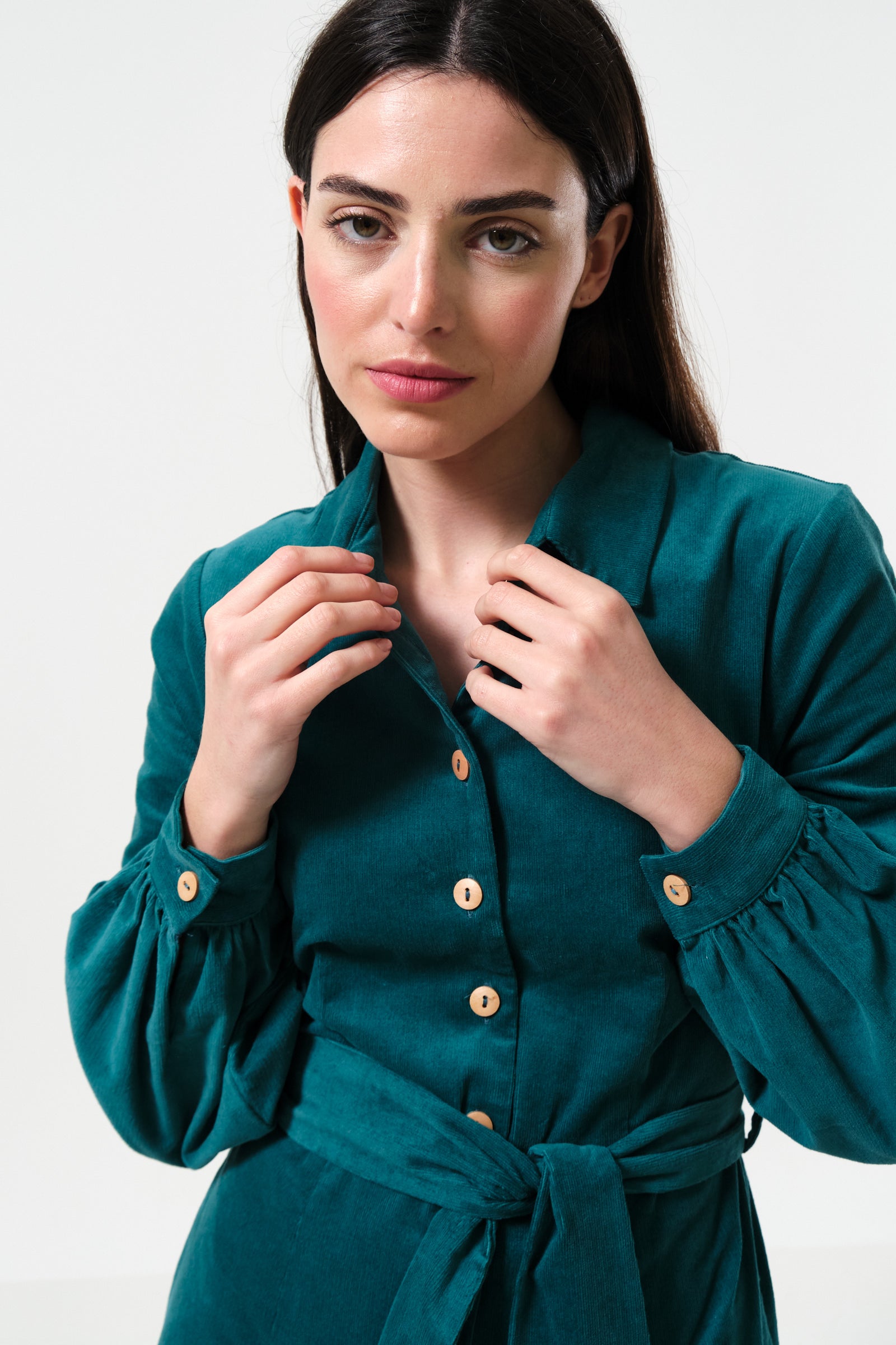 Rebecka Babycord Midi Shirt Dress - Petrol - Detail 1