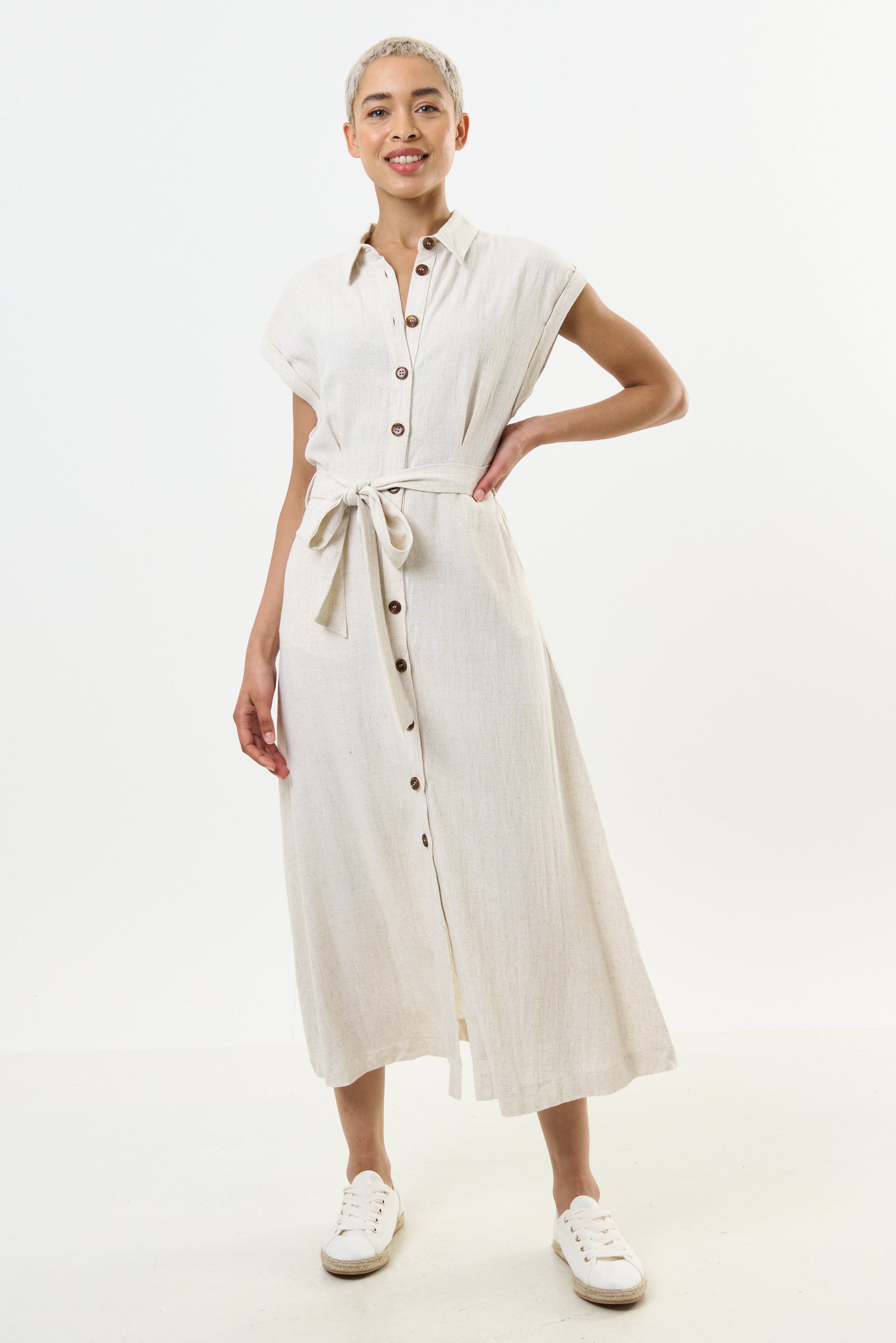Reese Linen Mix Button Through Midi Shirt Dress - Natural
