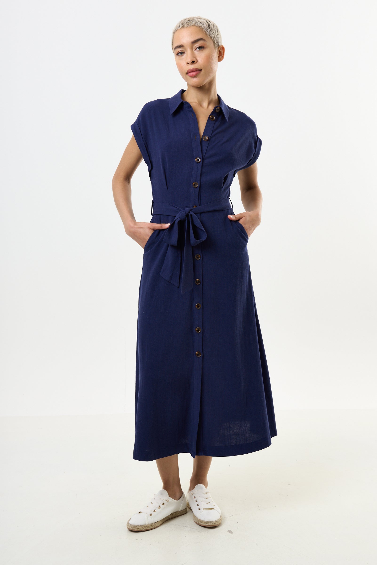 Reese Linen Mix Button Through Midi Shirt Dress - Navy