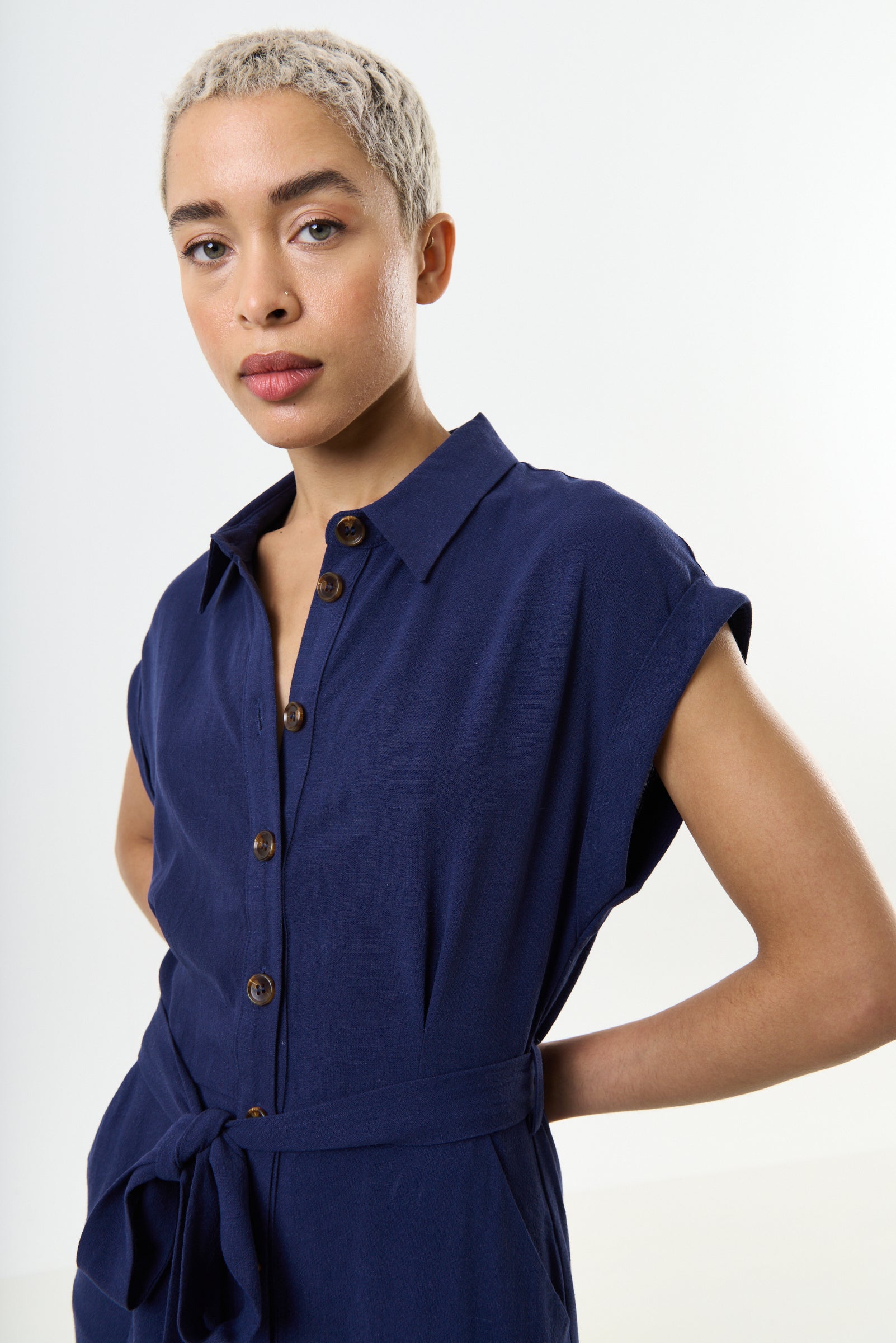 Reese Linen Mix Button Through Midi Shirt Dress - Navy