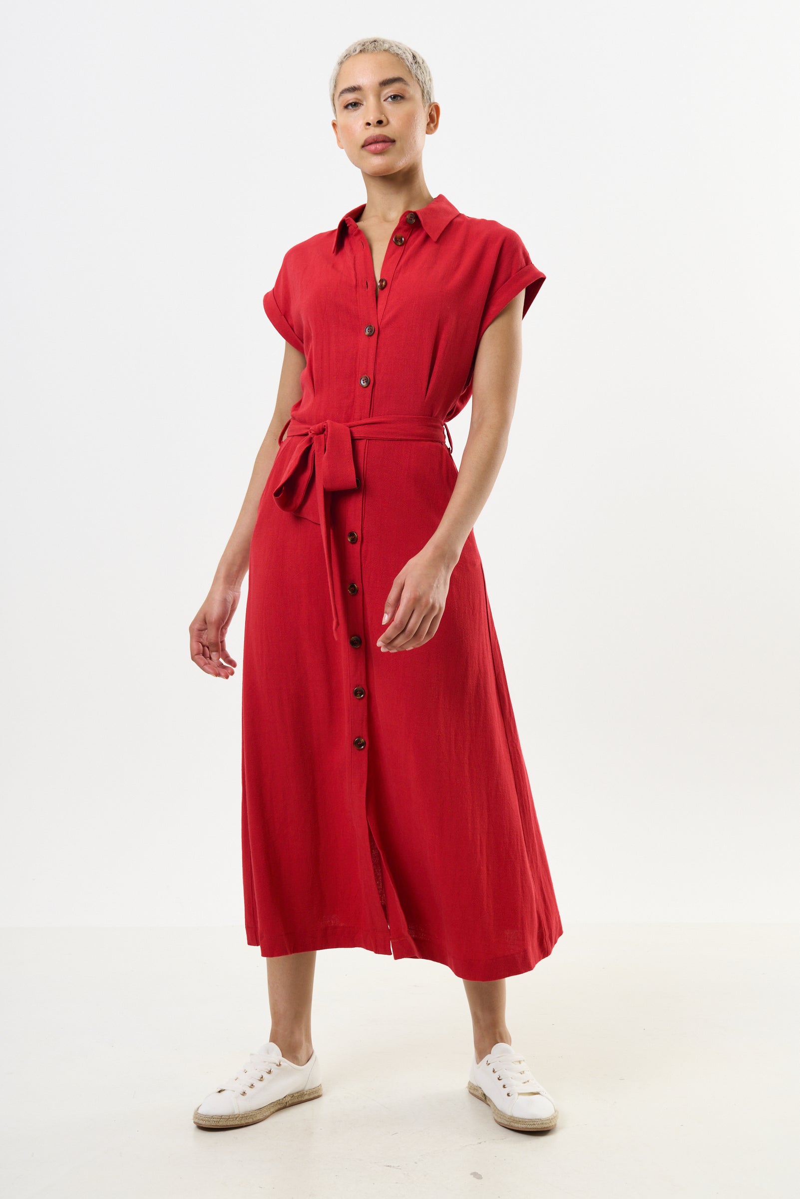 Reese Linen Mix Button Through Midi Shirt Dress - Red