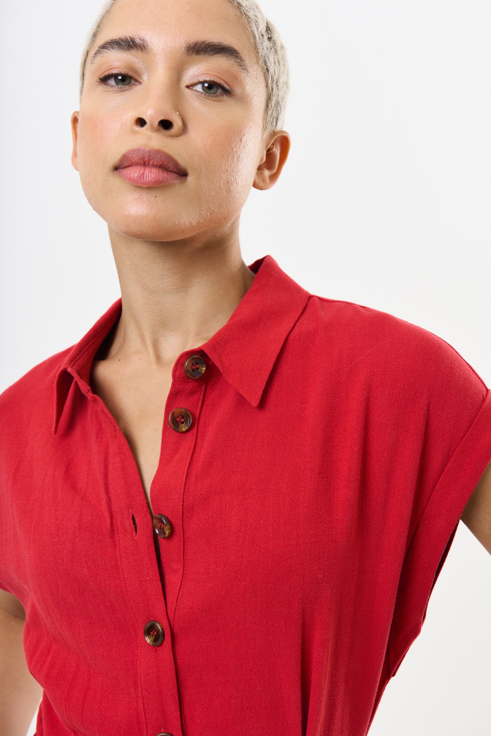 Reese Linen Mix Button Through Midi Shirt Dress - Red