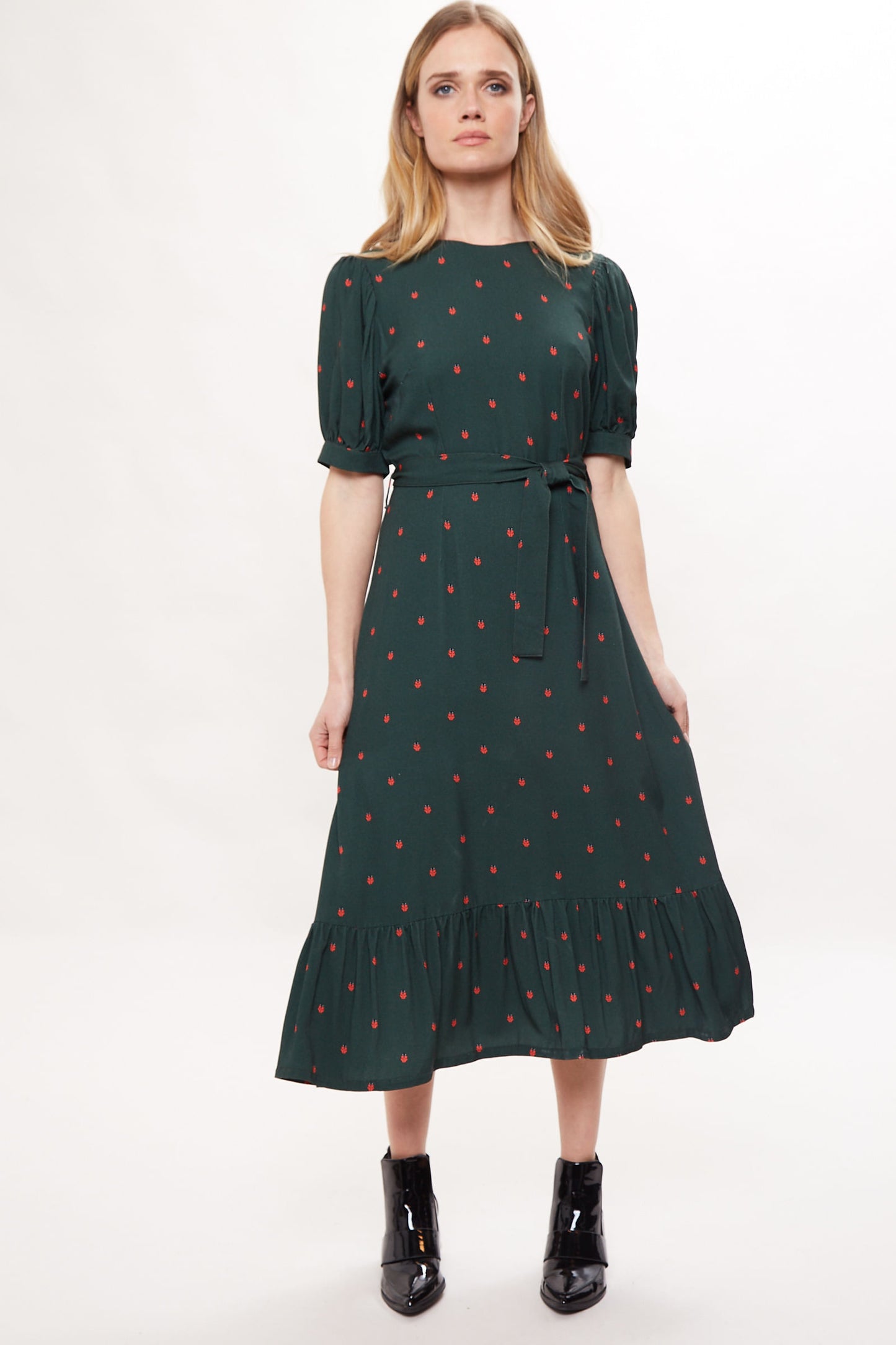 Louche Reign Ladybird Print Puff Sleeve Midi Dress