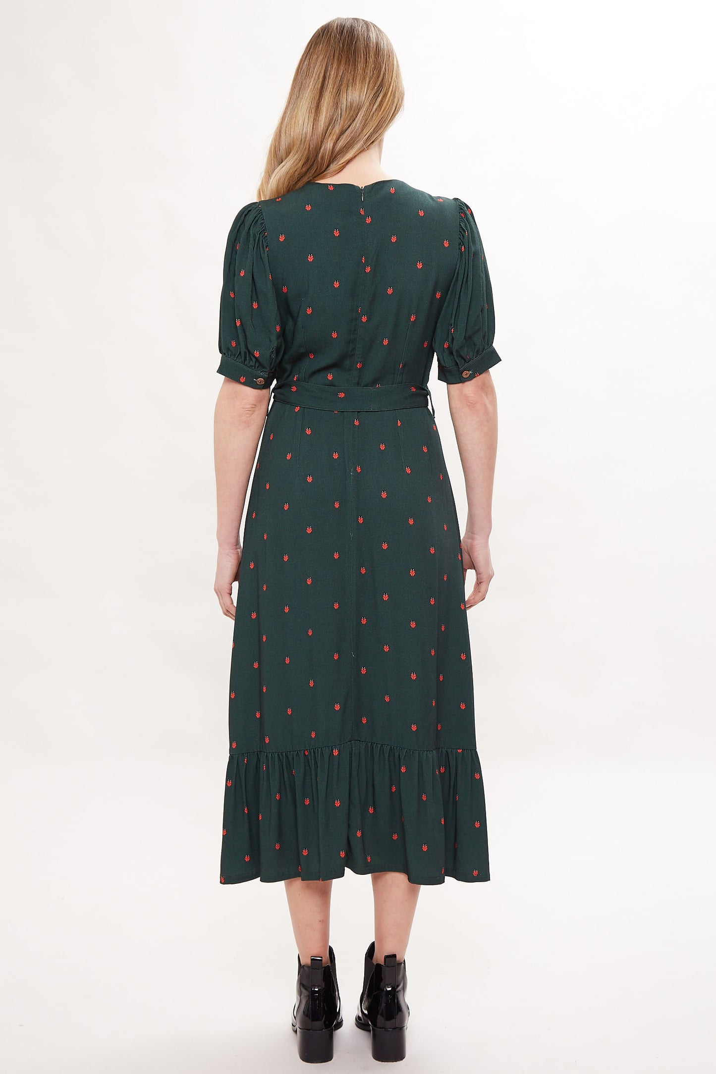 Louche Reign Ladybird Print Puff Sleeve Midi Dress