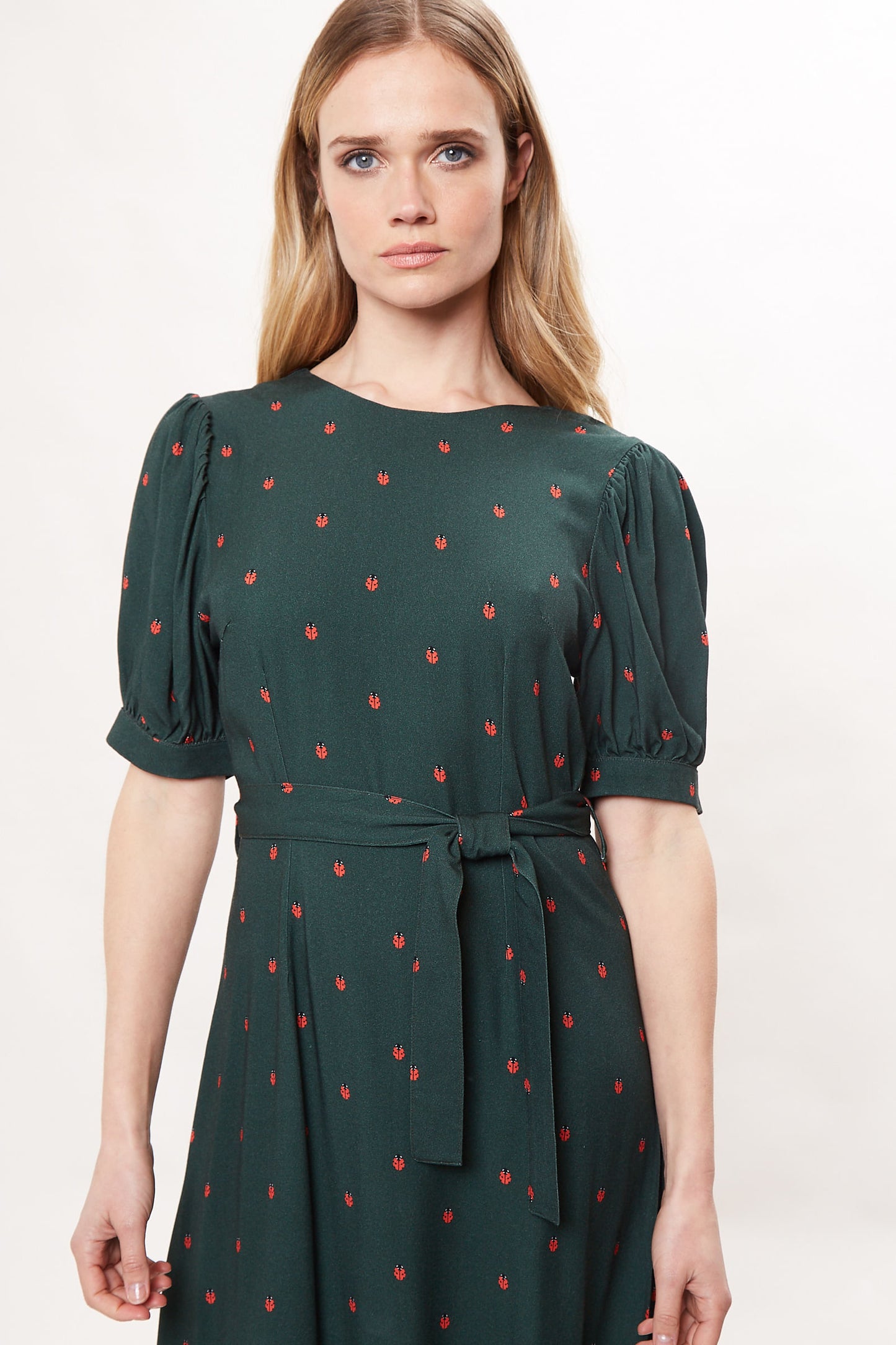 Louche Reign Ladybird Print Puff Sleeve Midi Dress