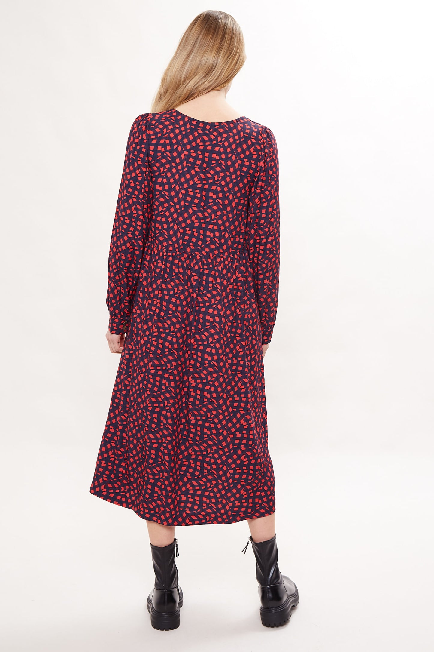 Louche Rheane Gingham Twist Print Long Sleeve V Neck Midi Dress
