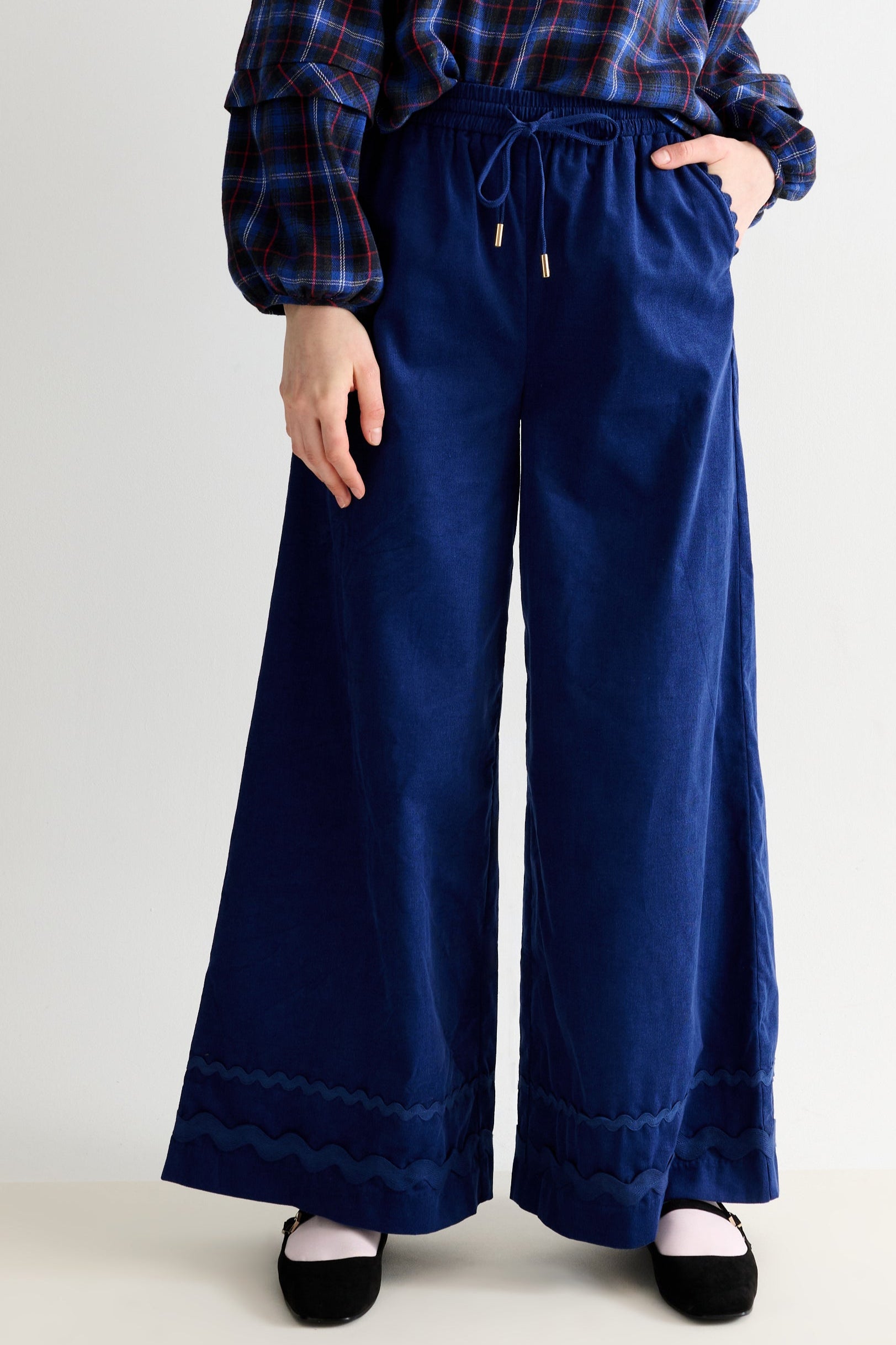 River Babycord Ric Rac Trim Wide Leg Trouser - Navy