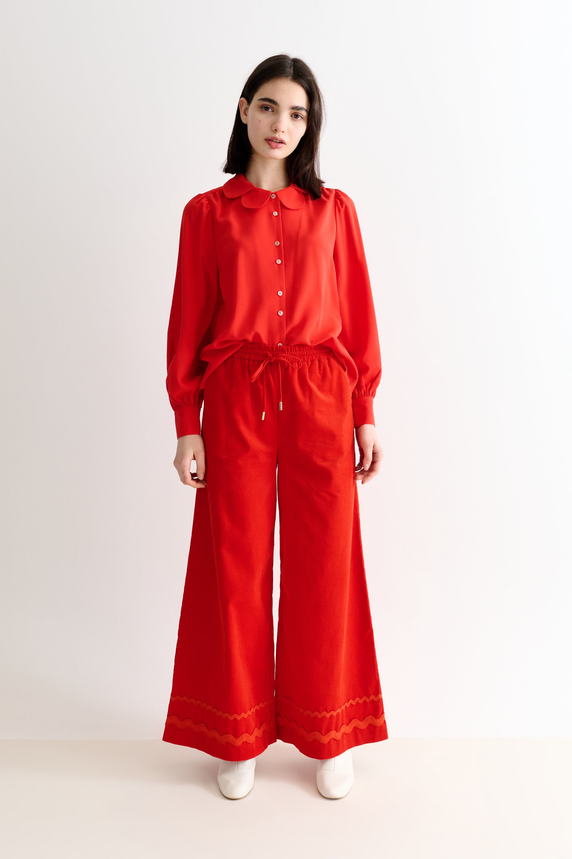 River Babycord Ric Rac Trim Wide Leg Trouser - Red - Detail 3