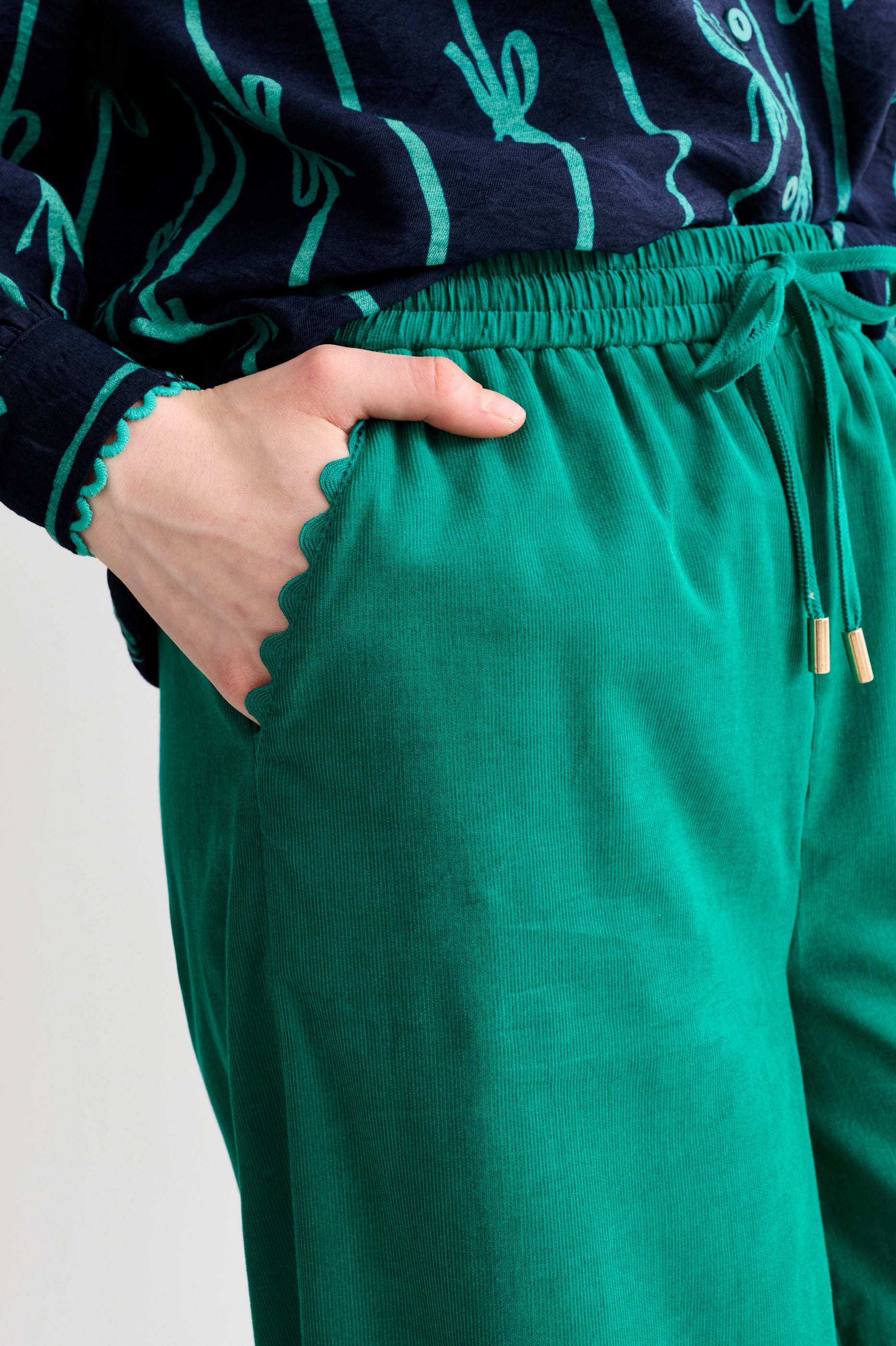 River Babycord Ric Rac Trim Wide Leg Trouser - Teal - Detail 5