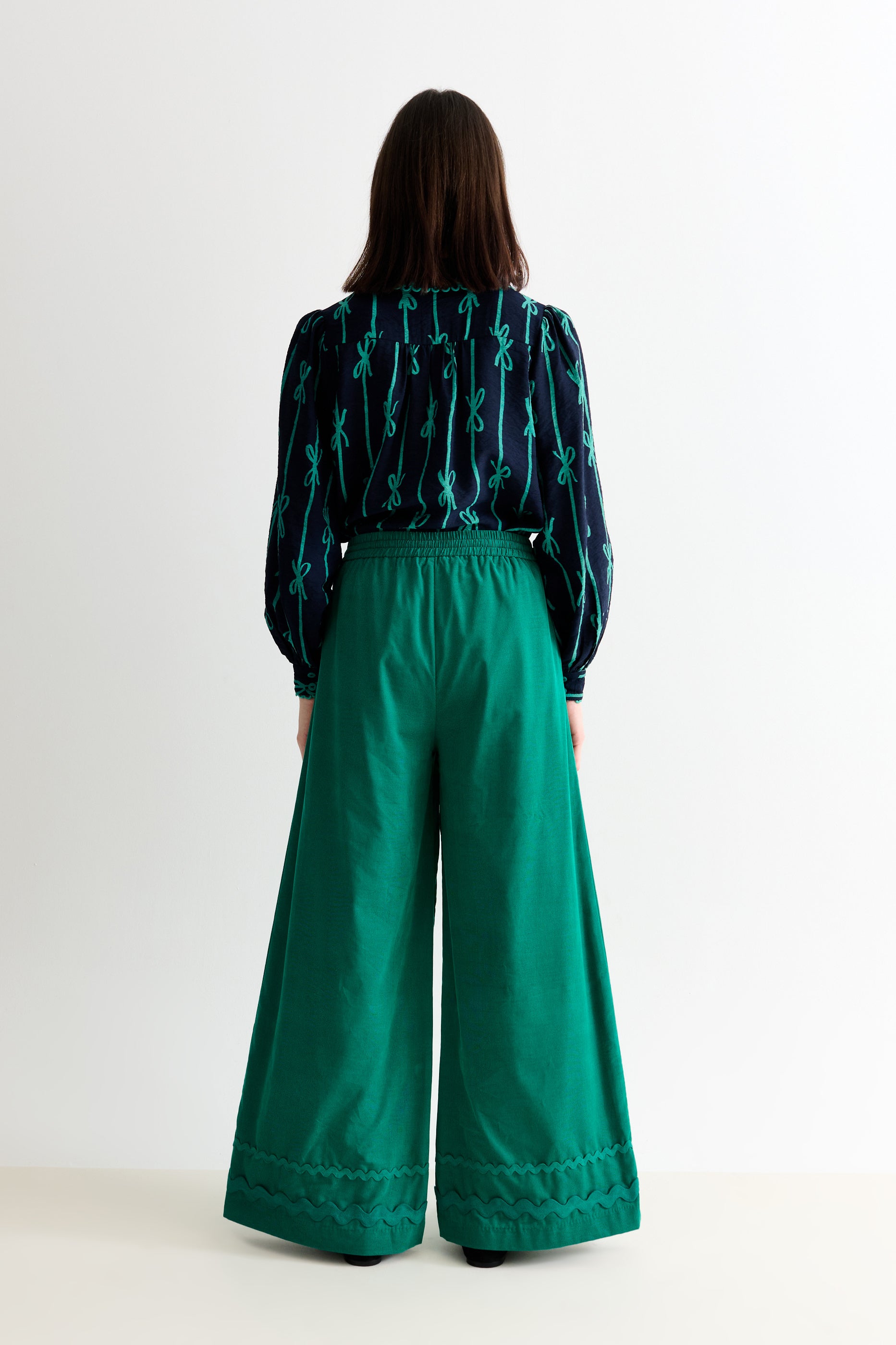 River Babycord Ric Rac Trim Wide Leg Trouser - Teal - Detail 2