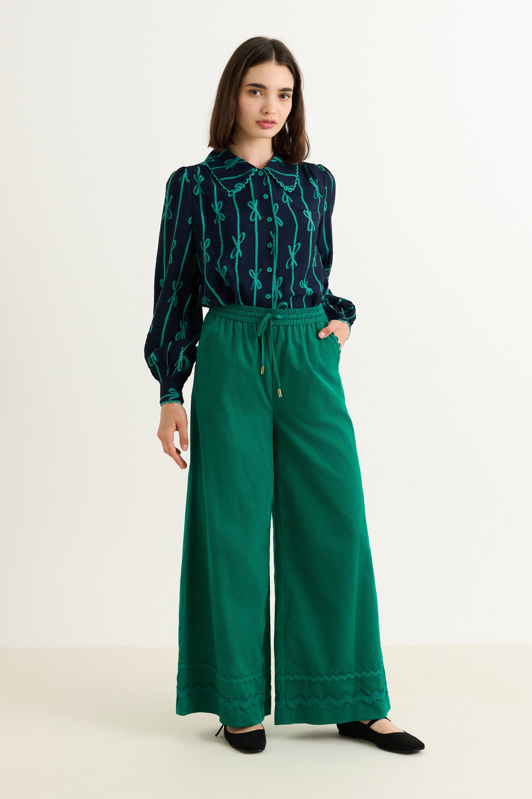 River Babycord Ric Rac Trim Wide Leg Trouser - Teal - Detail 4