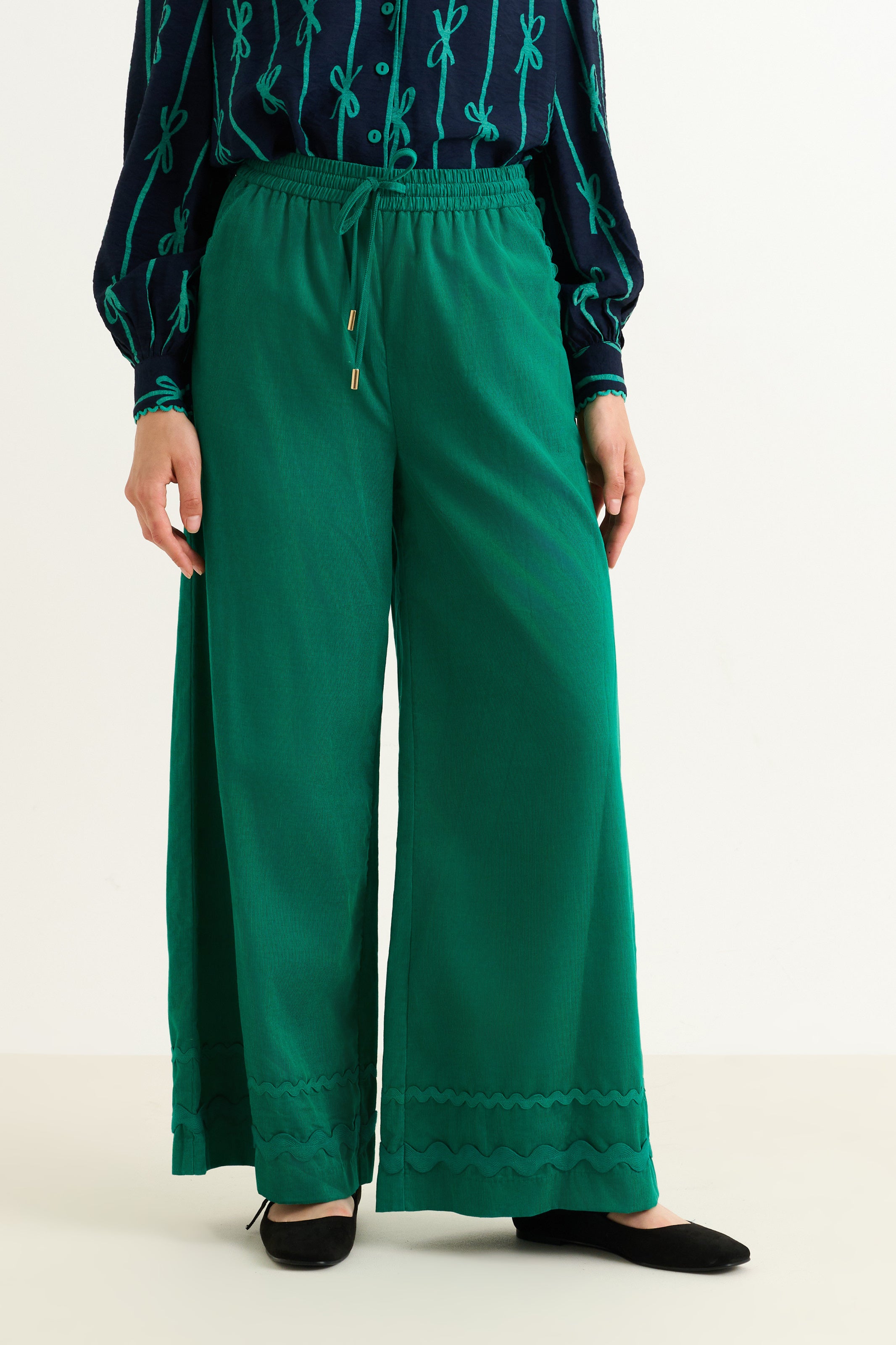 River Babycord Ric Rac Trim Wide Leg Trouser - Teal