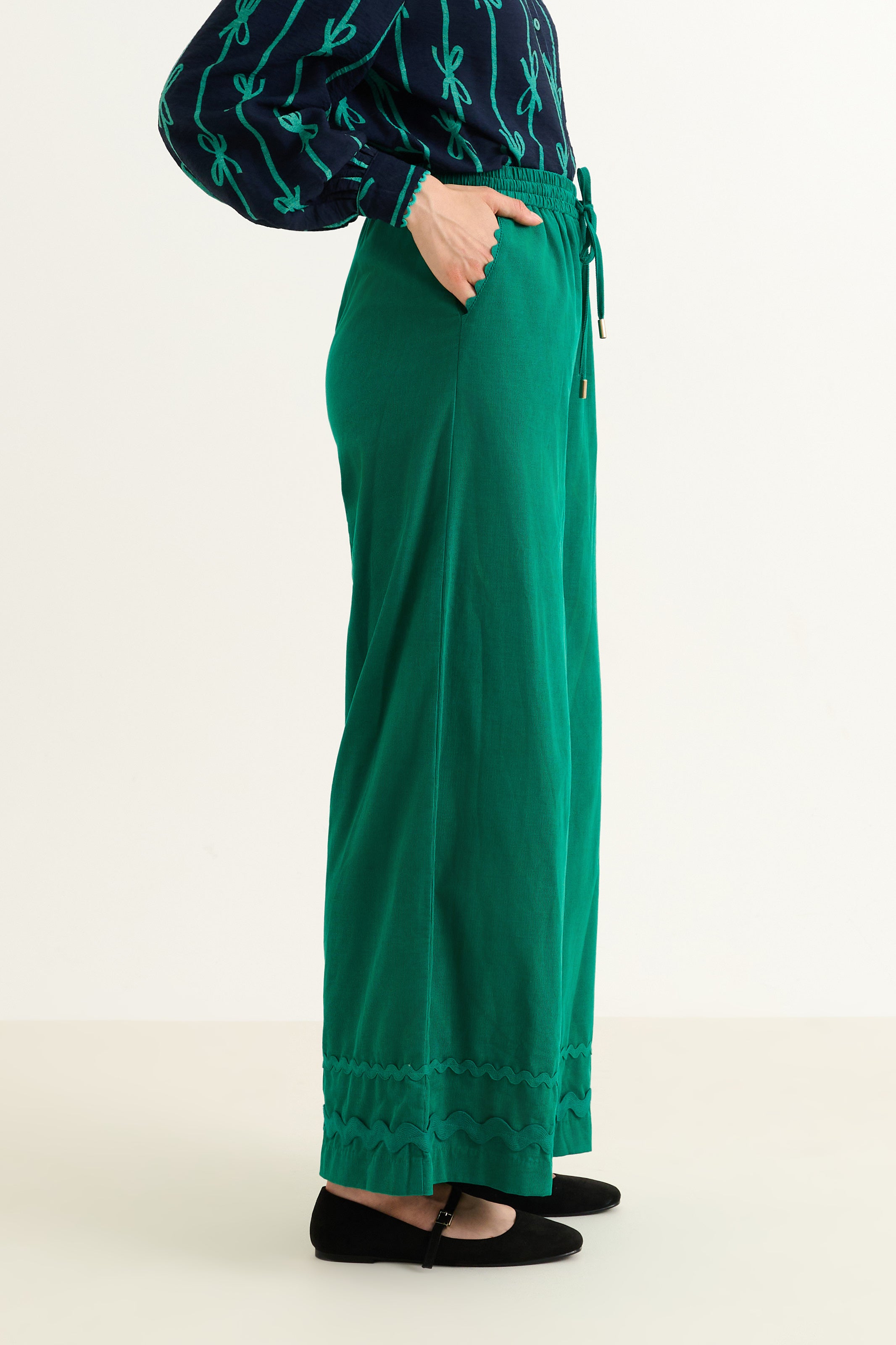 River Babycord Ric Rac Trim Wide Leg Trouser - Teal - Detail 1