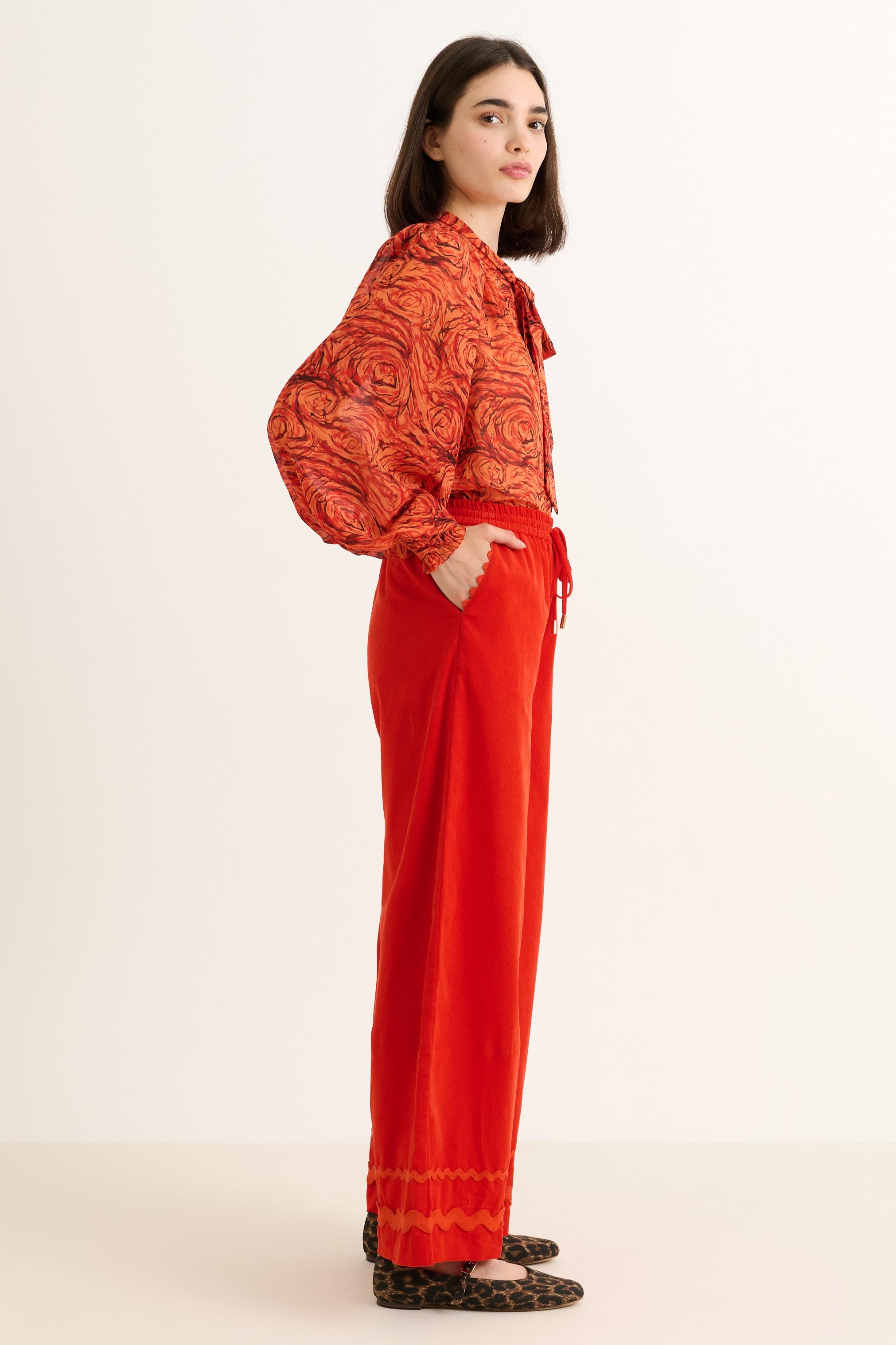 River Babycord Ric Rac Trim Wide Leg Trouser - Red - Detail 1