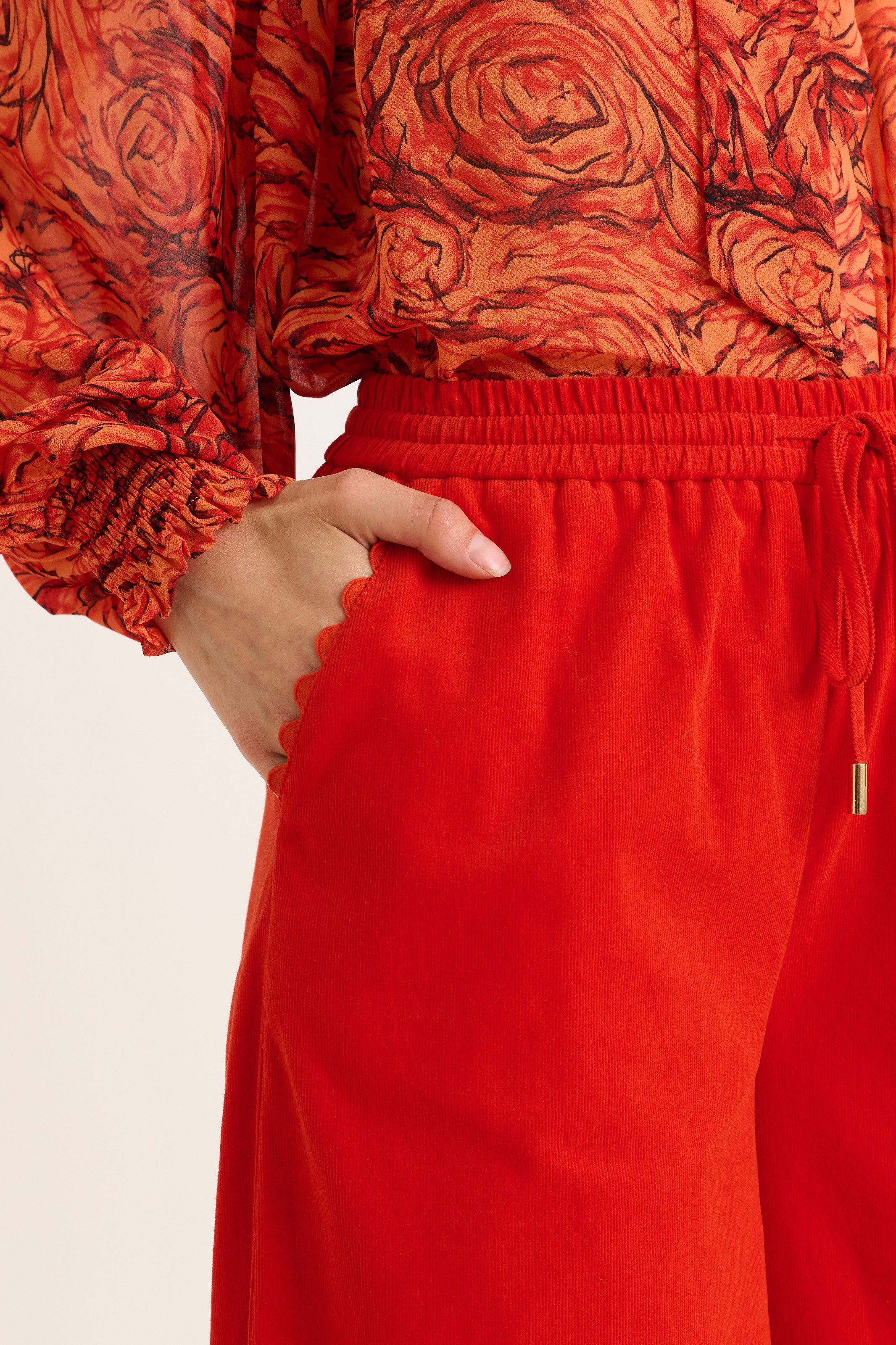 River Babycord Ric Rac Trim Wide Leg Trouser - Red - Detail 4