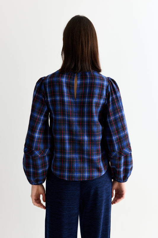 Rivka Winter Check Pleat Long Sleeve Blouse - Blue