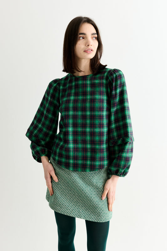 Rivka Winter Check Pleat Long Sleeve Blouse - Green