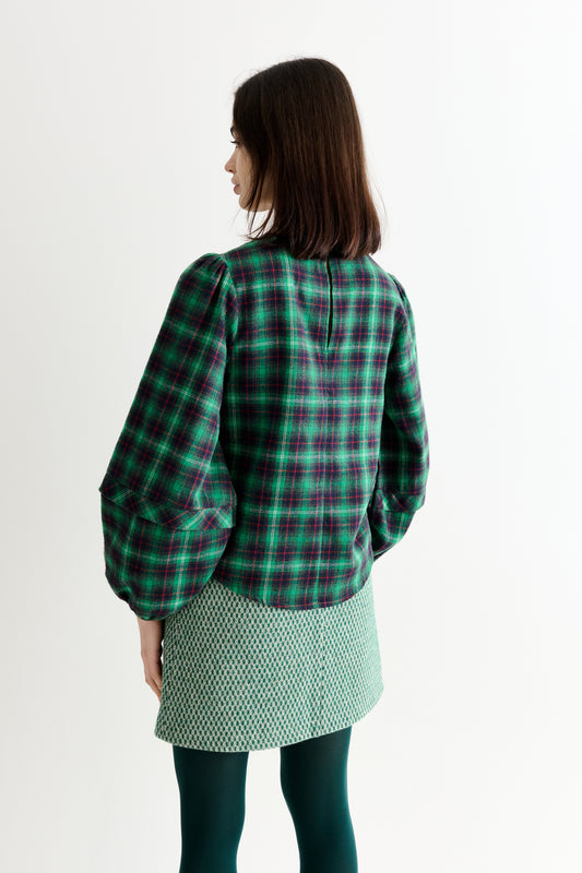 Rivka Winter Check Pleat Long Sleeve Blouse - Green