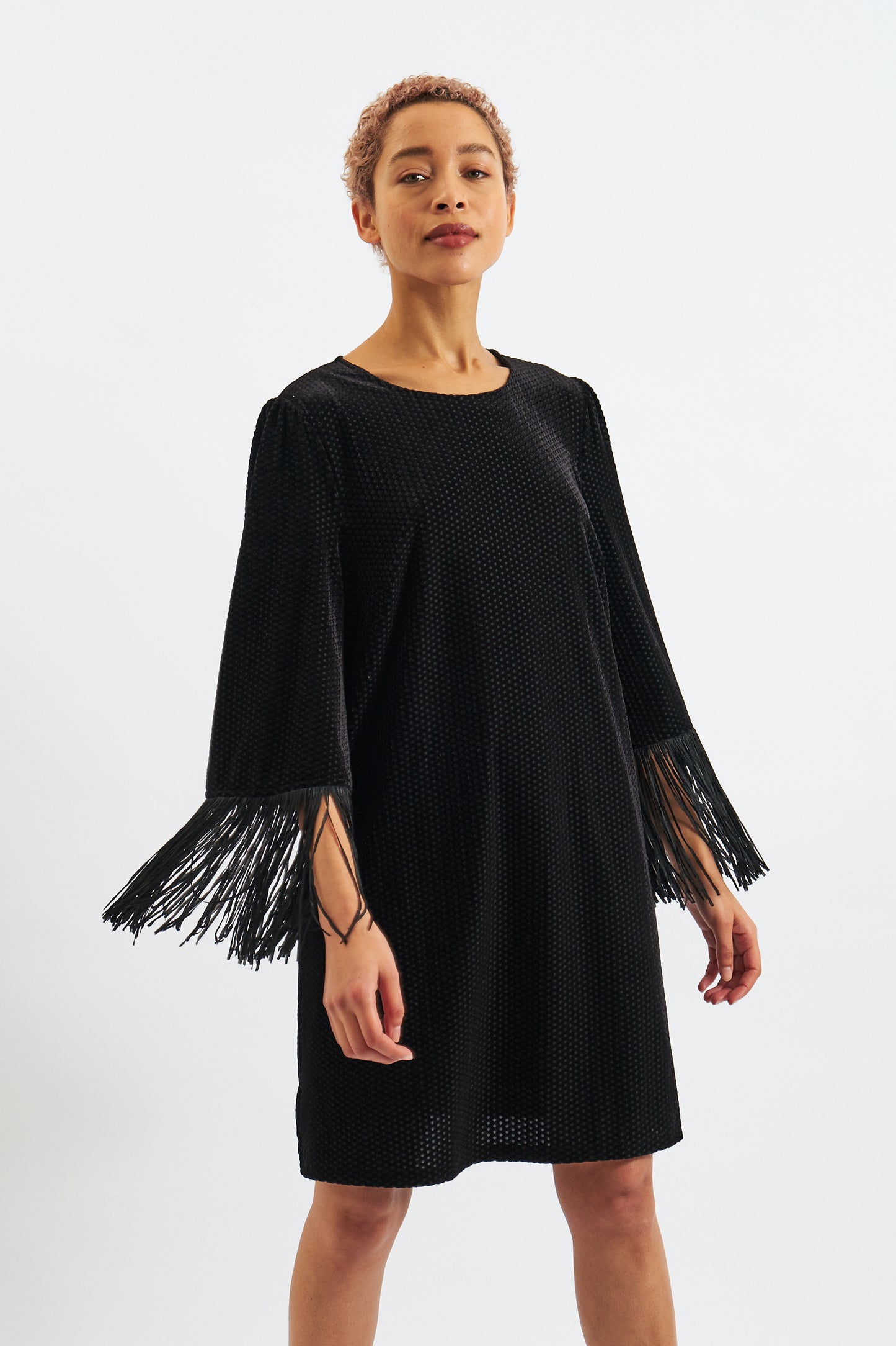 Rosamee Fringe Trim Sleeve Mini Dress in Black