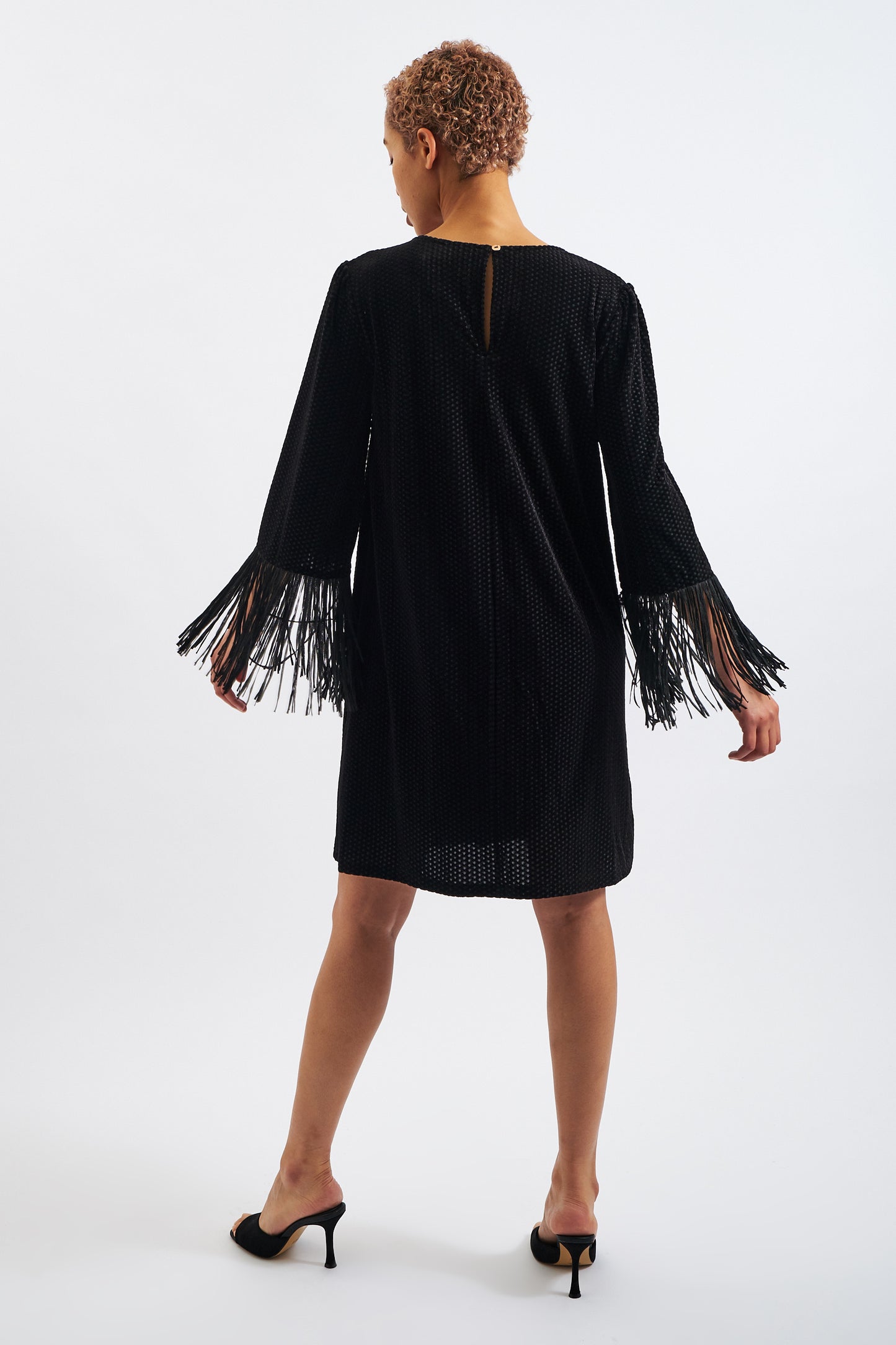 Rosamee Fringe Trim Sleeve Mini Dress in Black