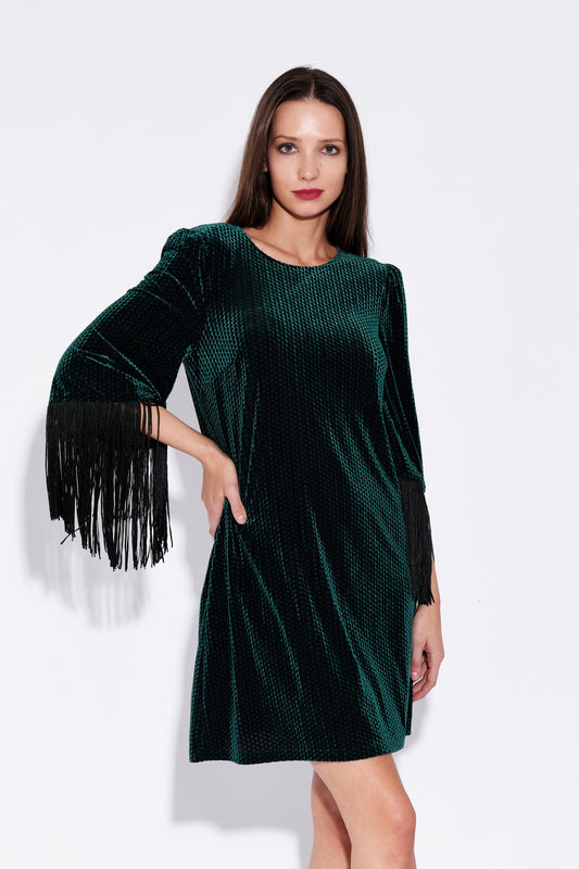 Rosamee Fringe Trim Sleeve Mini Dress in Green