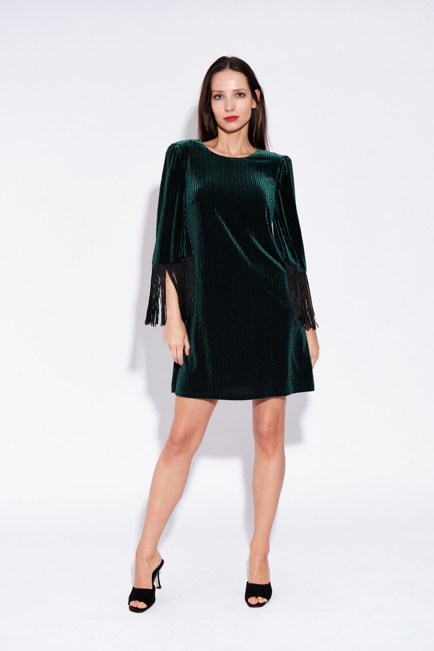 Rosamee Fringe Trim Sleeve Mini Dress in Green