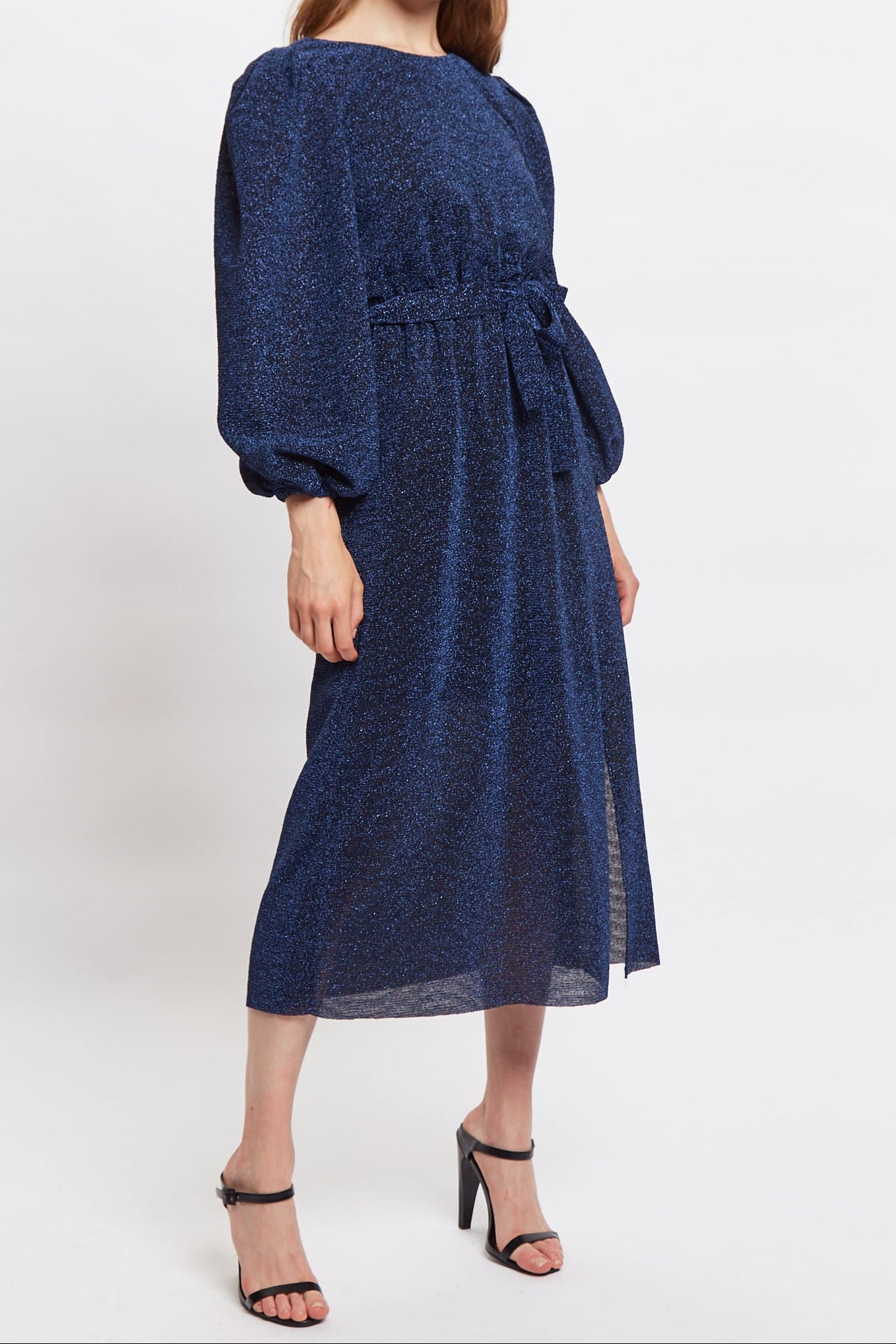 Louche Roza Lurex Jersey V Back Midi Dress - Navy