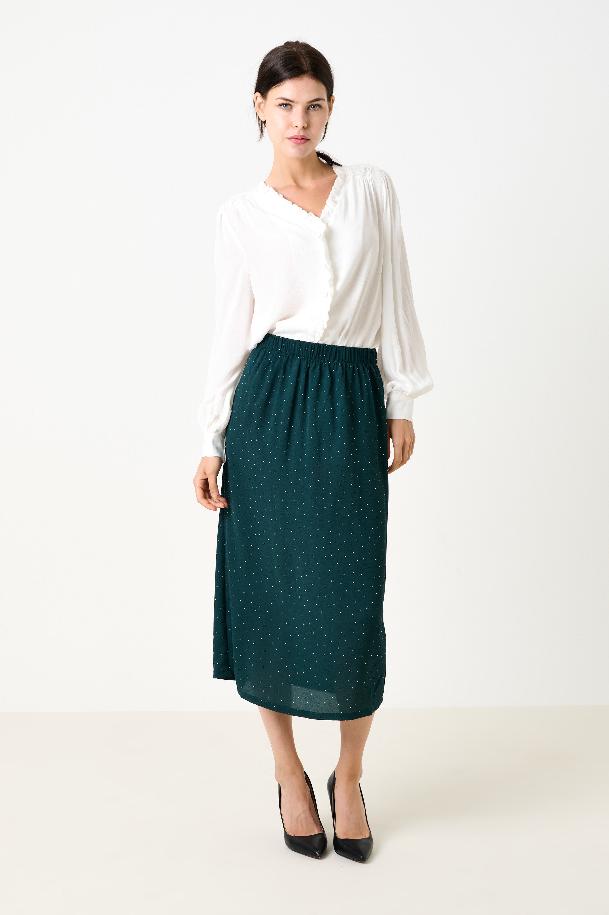 Saro Micro Dot Dark Green Bias Midi Skirt - Detail 1