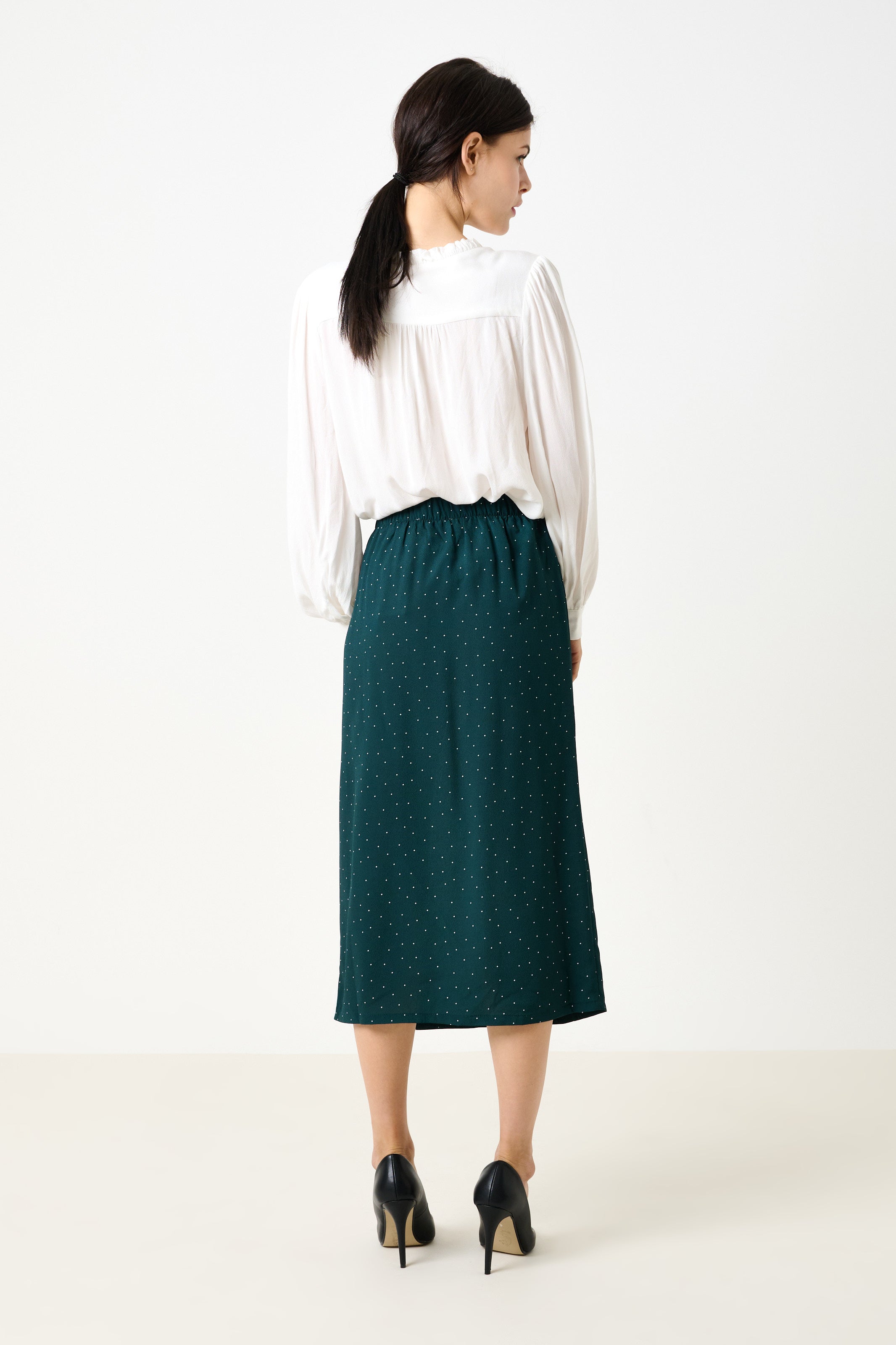 Saro Micro Dot Dark Green Bias Midi Skirt
