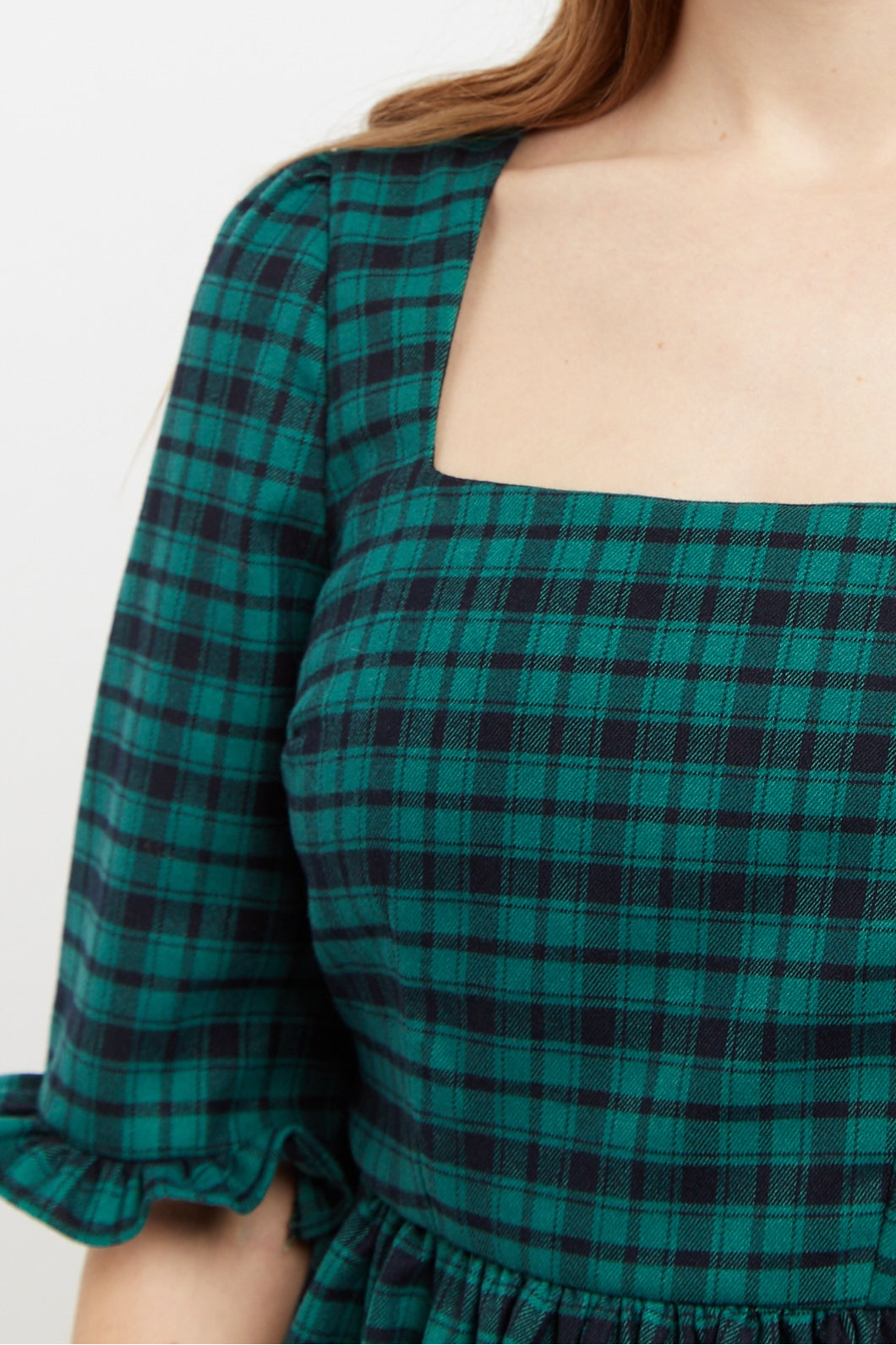 Sassa Winter Gingham Tiered Mini Dress in Green and Black - Detail 1