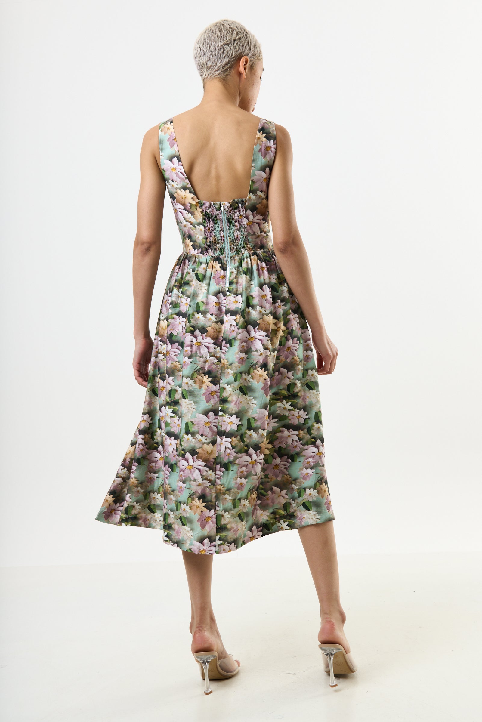 Sherazade 3D Daisy Print Square Neck Midi Dress - Green