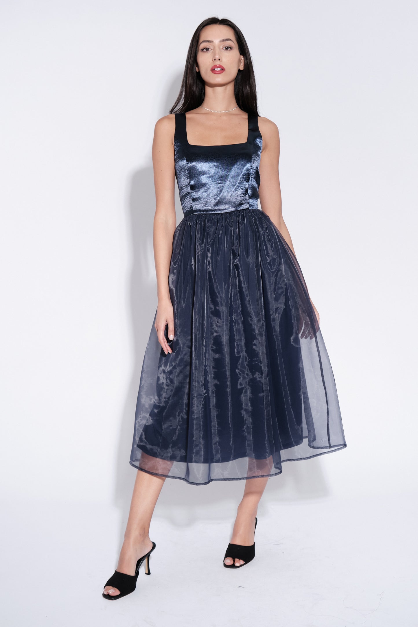 Shehrazade Satin and Organza Midi Dress in Navy