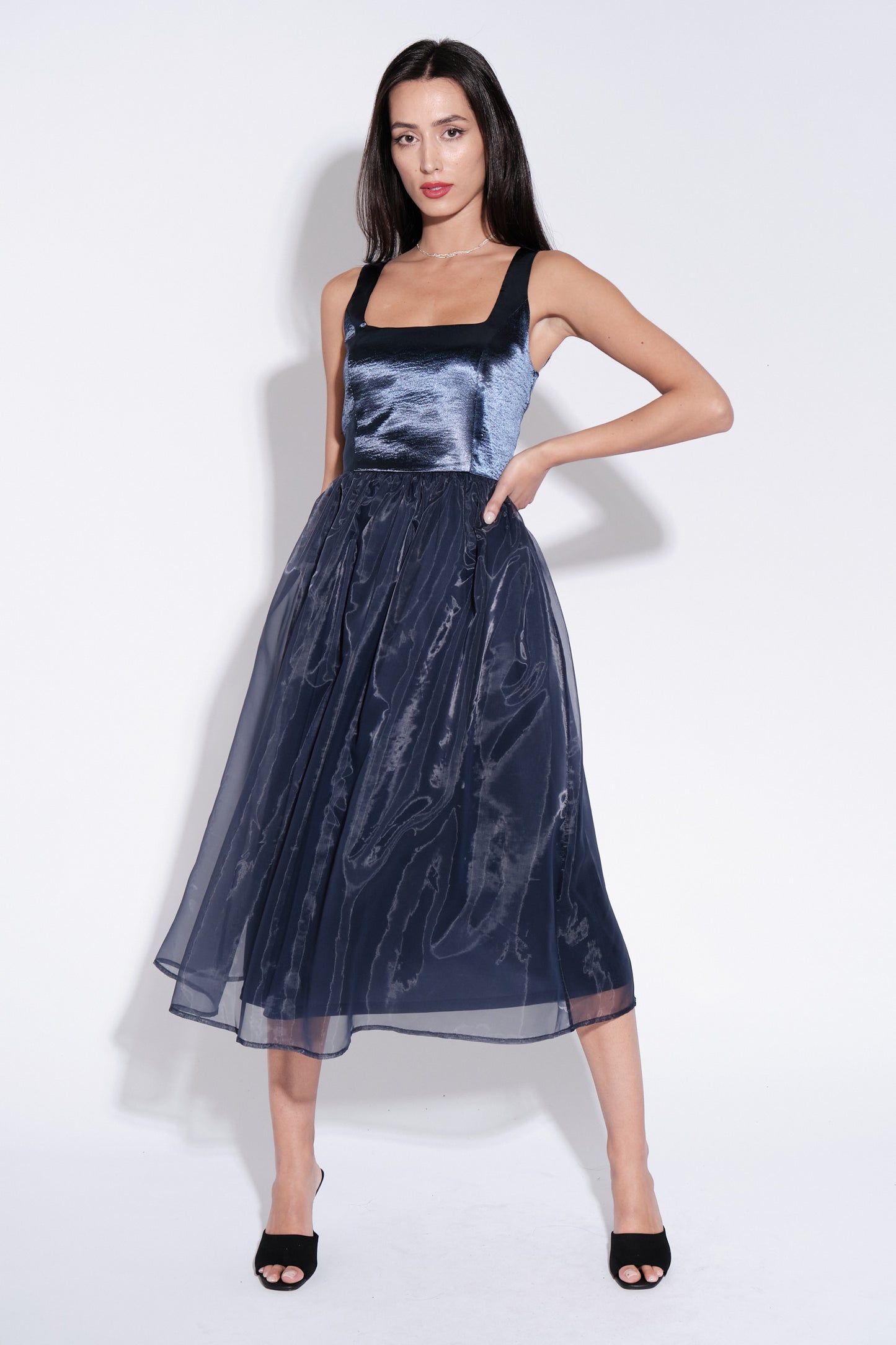 Shehrazade Satin and Organza Midi Dress in Navy