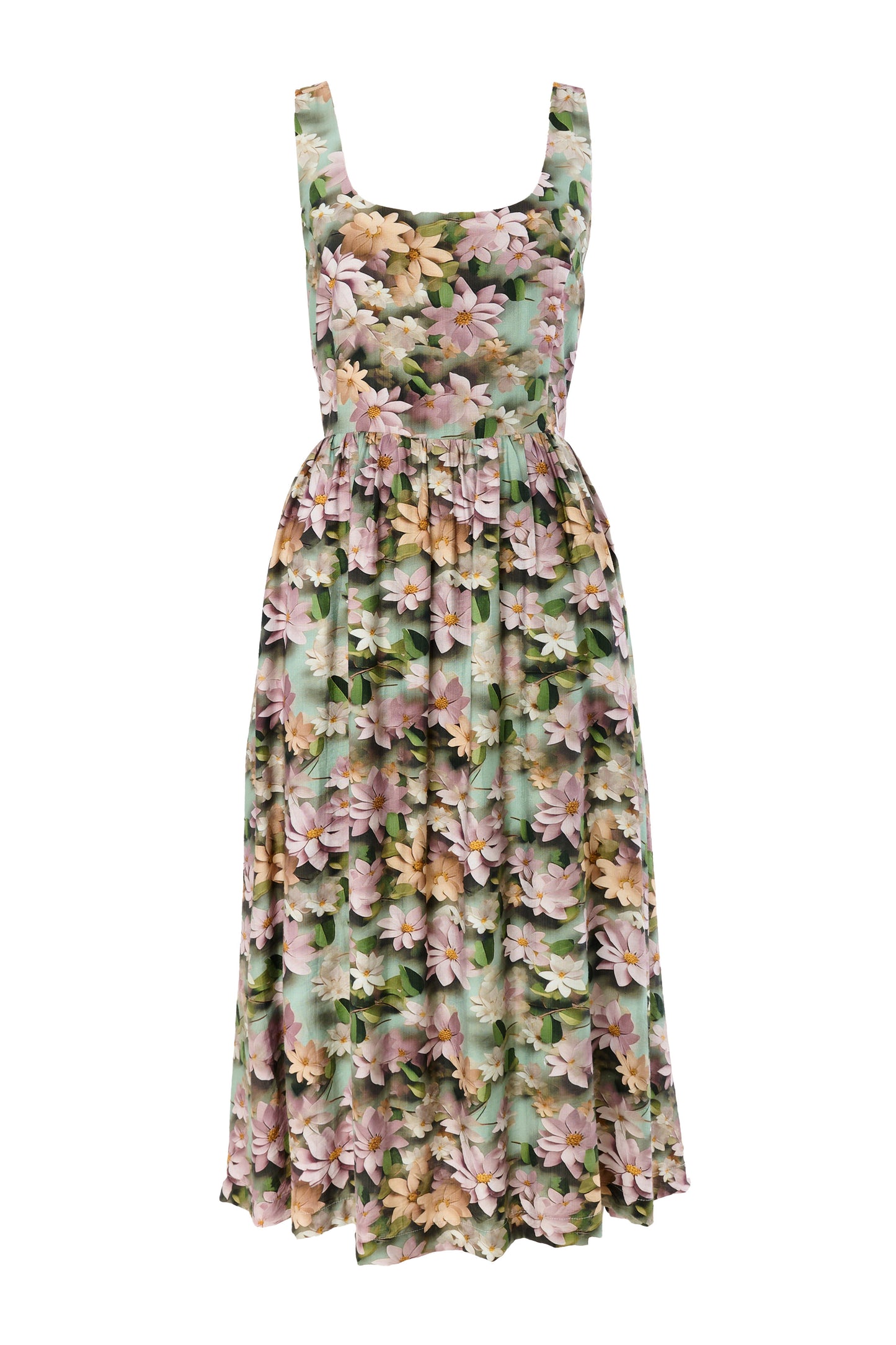 Sherazade 3D Daisy Print Square Neck  Midi Dress - Green