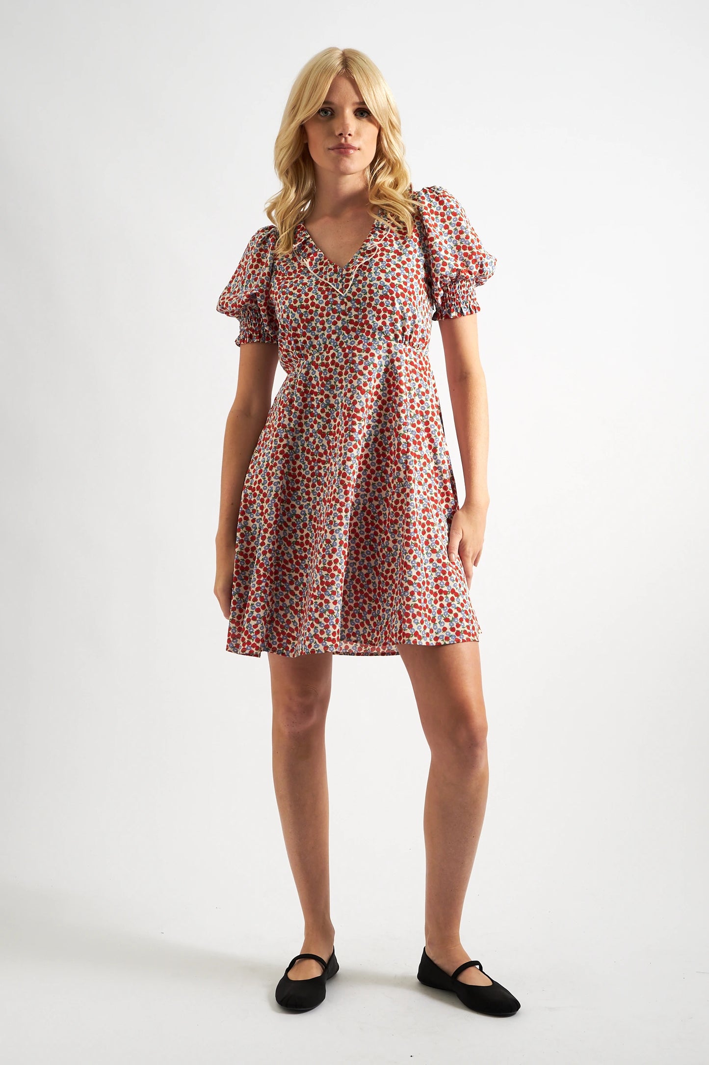 Solyne Strawberry Fields Print Frill V-Neck Mini Dress