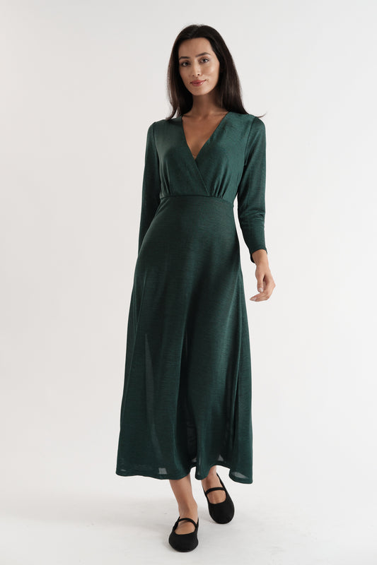 Sona Marl Faux Wrap Midi Dress in Green