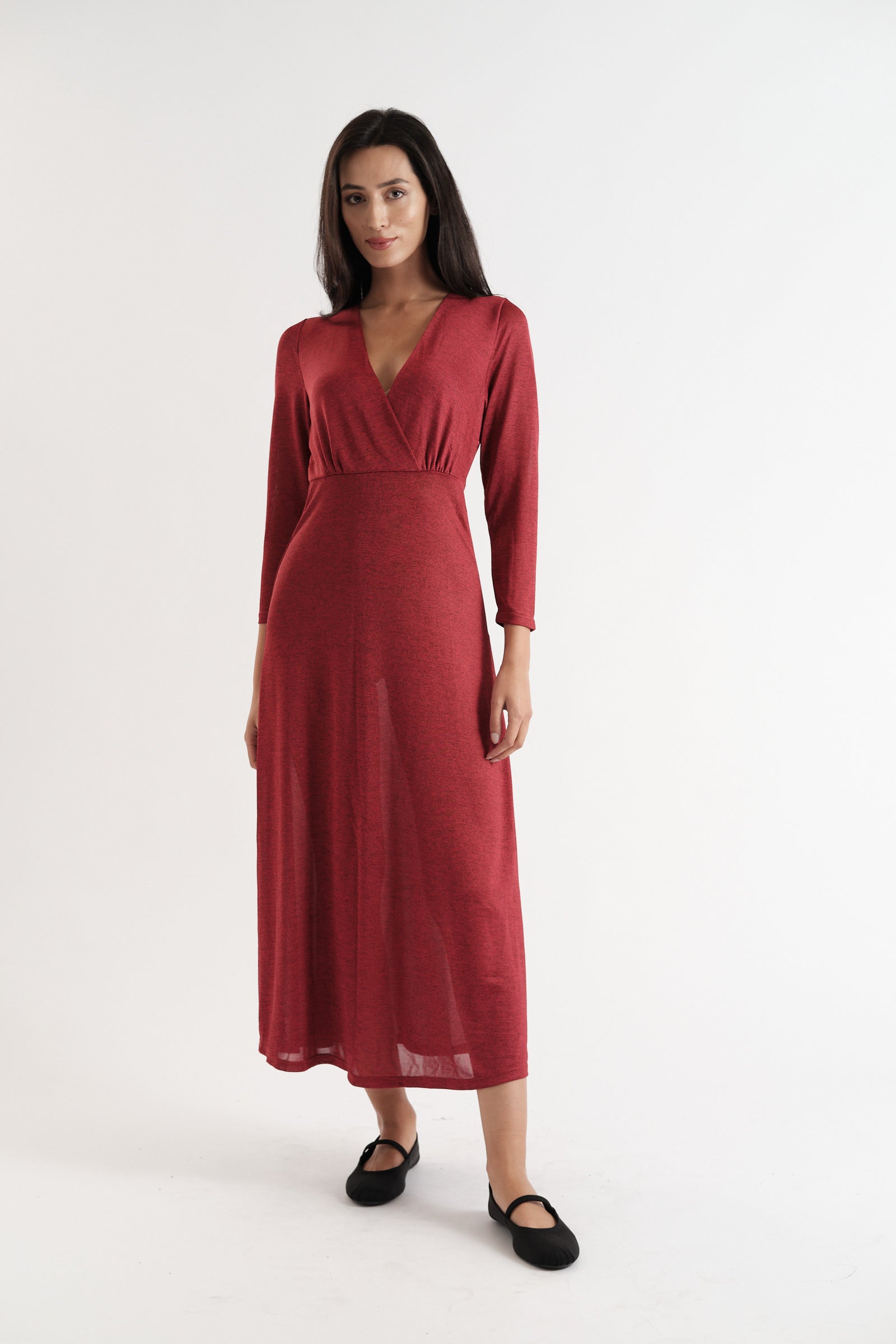 Sona Marl Faux Wrap Midi Dress in Red