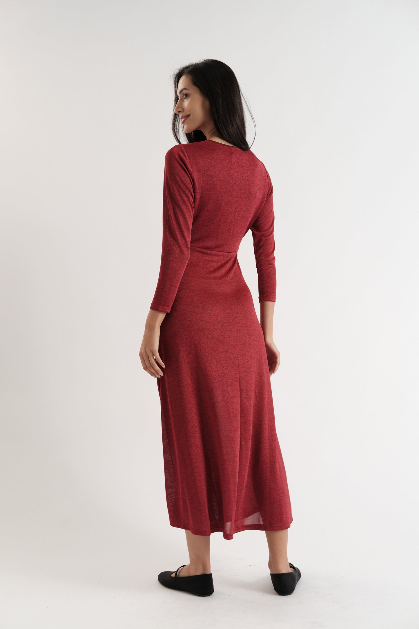 Sona Marl Faux Wrap Midi Dress in Red