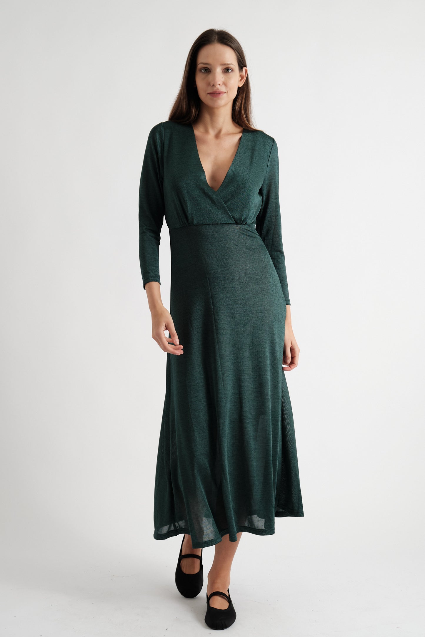 Sona Marl Faux Wrap Midi Dress in Green