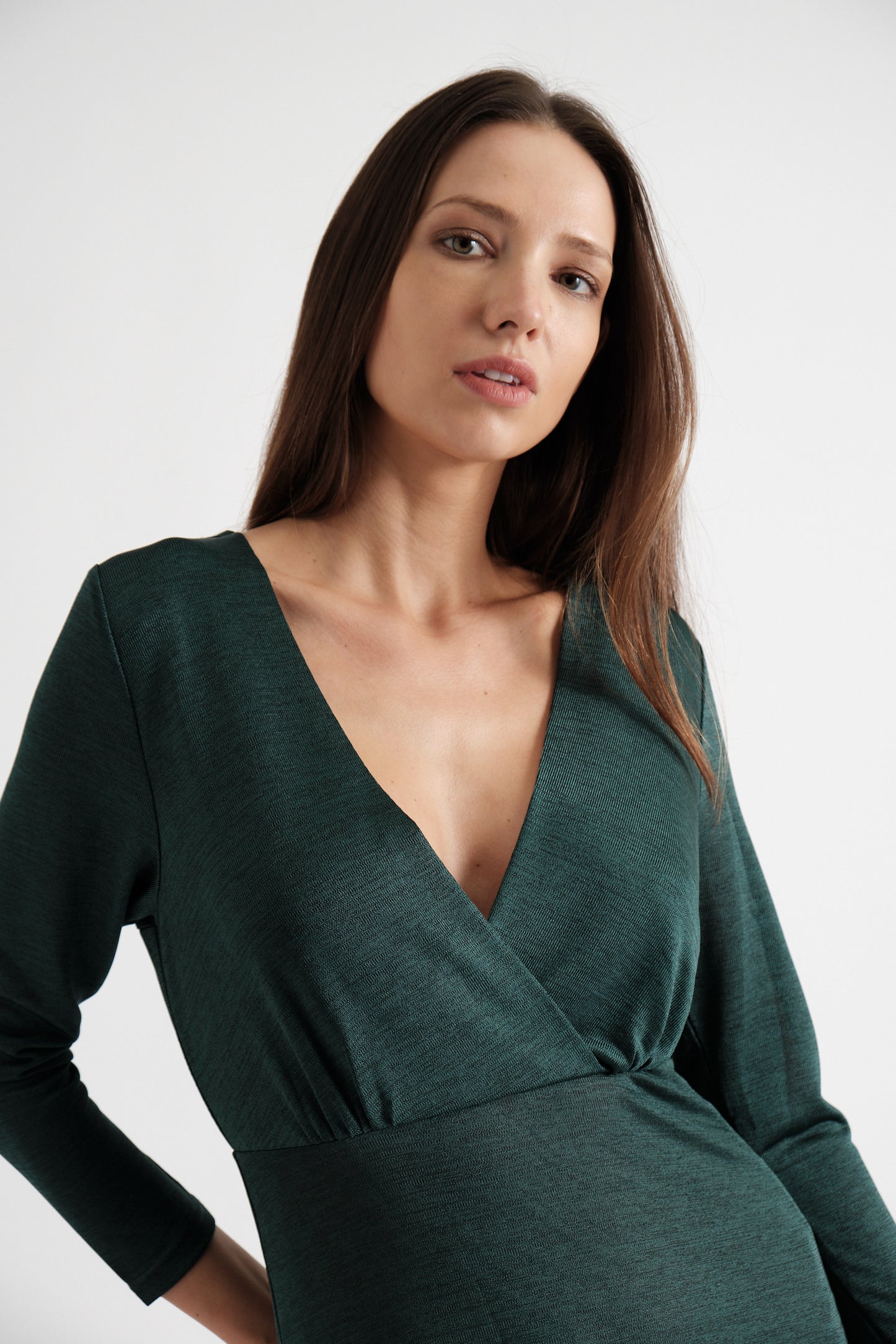 Sona Marl Faux Wrap Midi Dress in Green