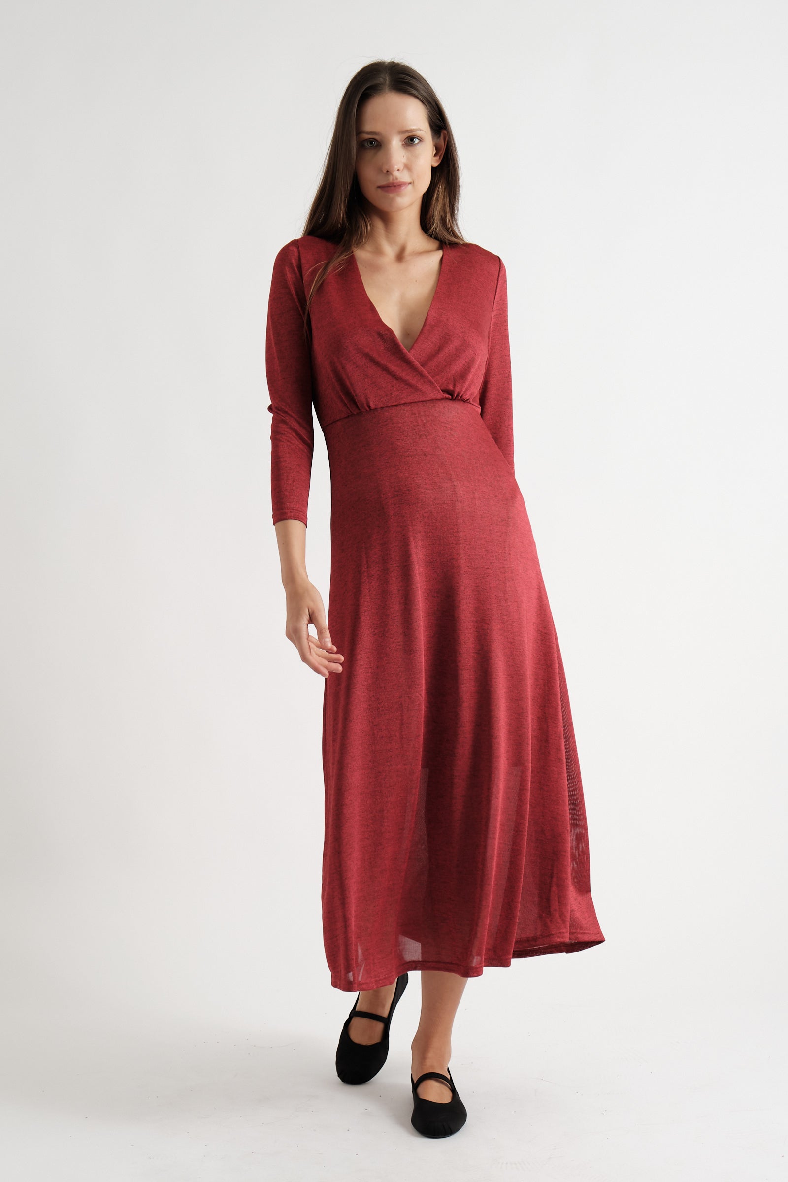 Sona Marl Faux Wrap Midi Dress in Red