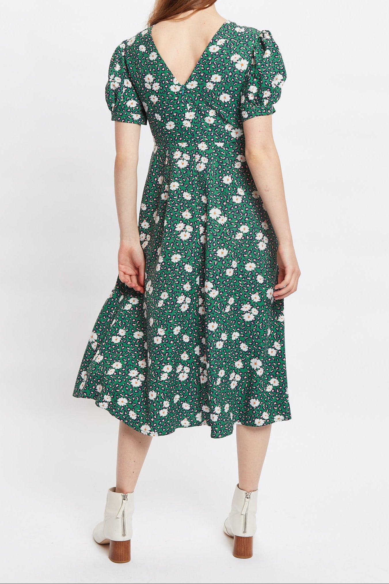 Louche Stasia Roaring Daisy Print V Back Puff Sleeve Midi Dress - Green