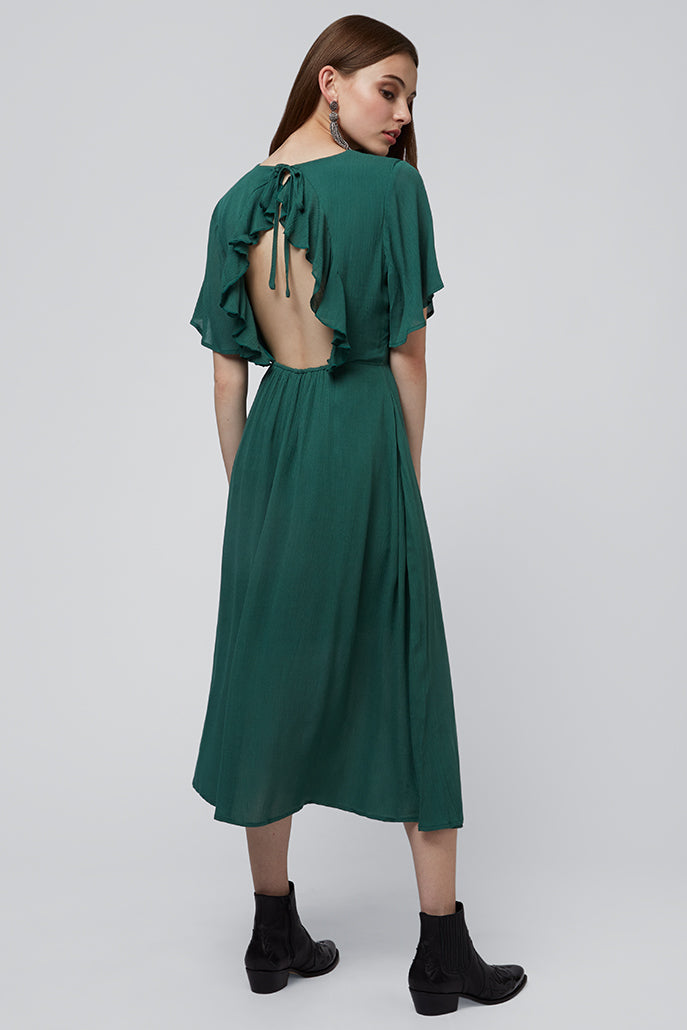 Safa Cut Out Back Green Midi Dress