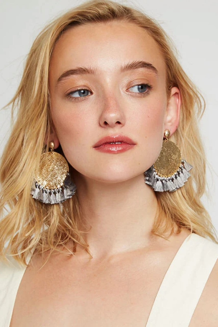 Louche Sally Large Gold Disc and Tassel Earrings - Front